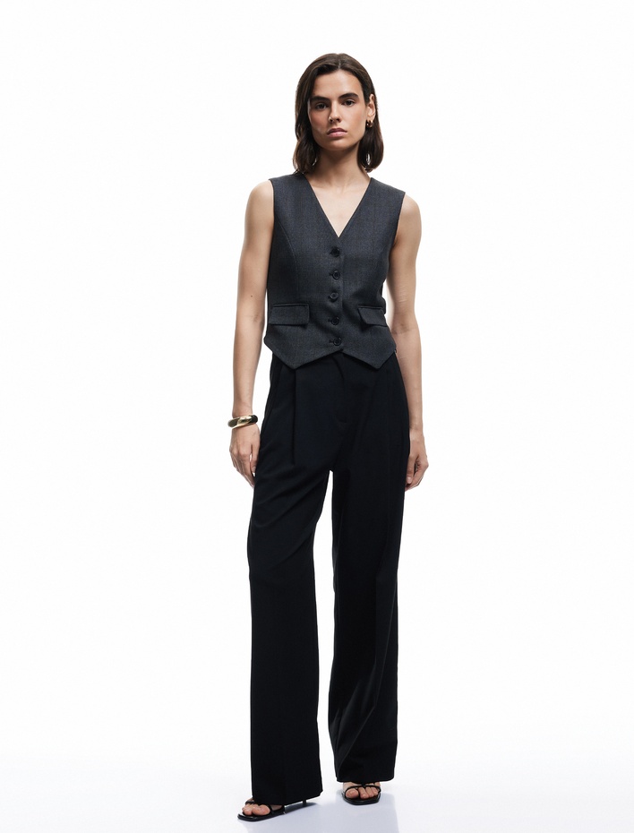  V Yaka Kolsuz Düğmeli Cepli Kareli Blazer Yelek