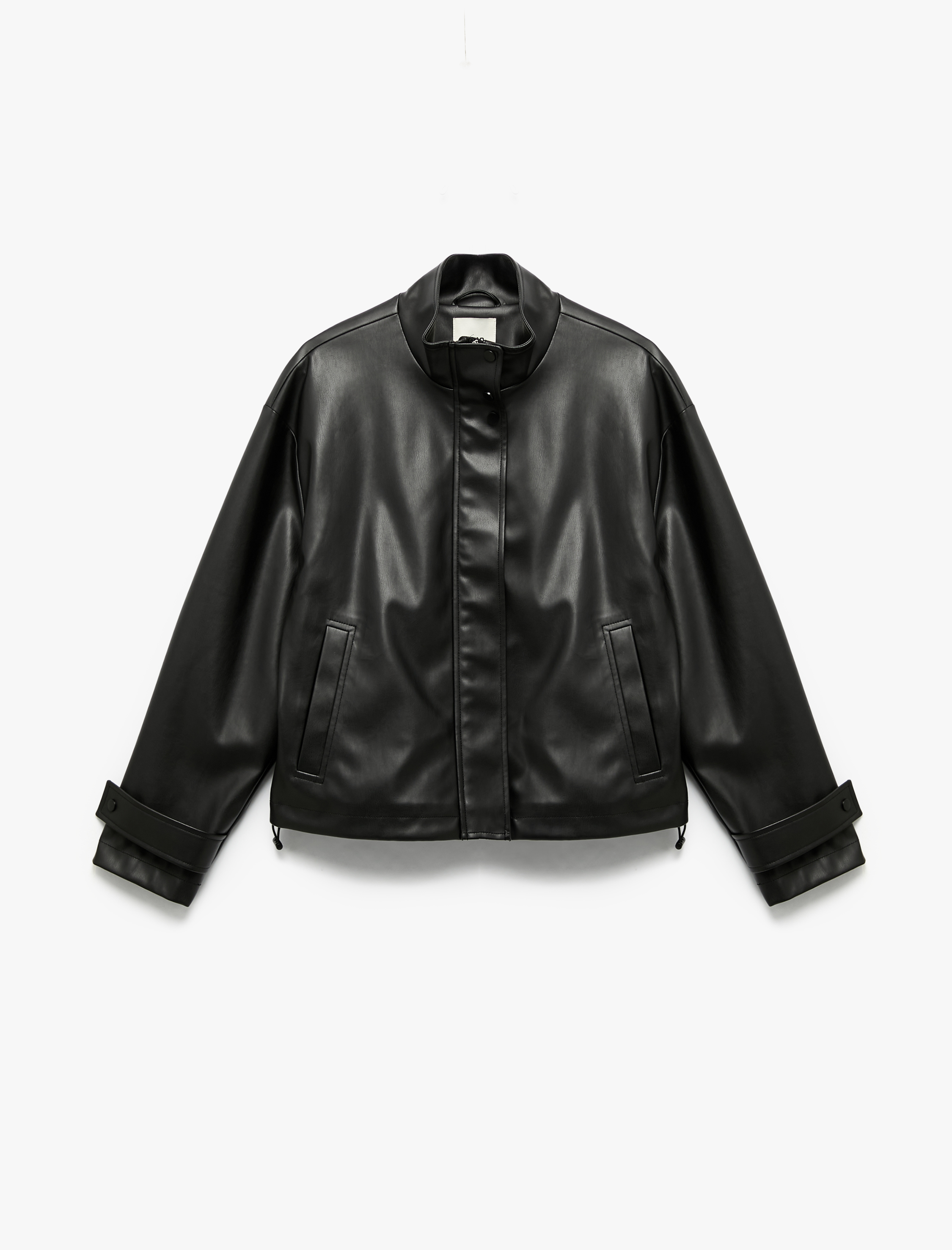 Astarlı Uzun Kollu Dik Yaka Fermuarlı Suni Deri Ceket