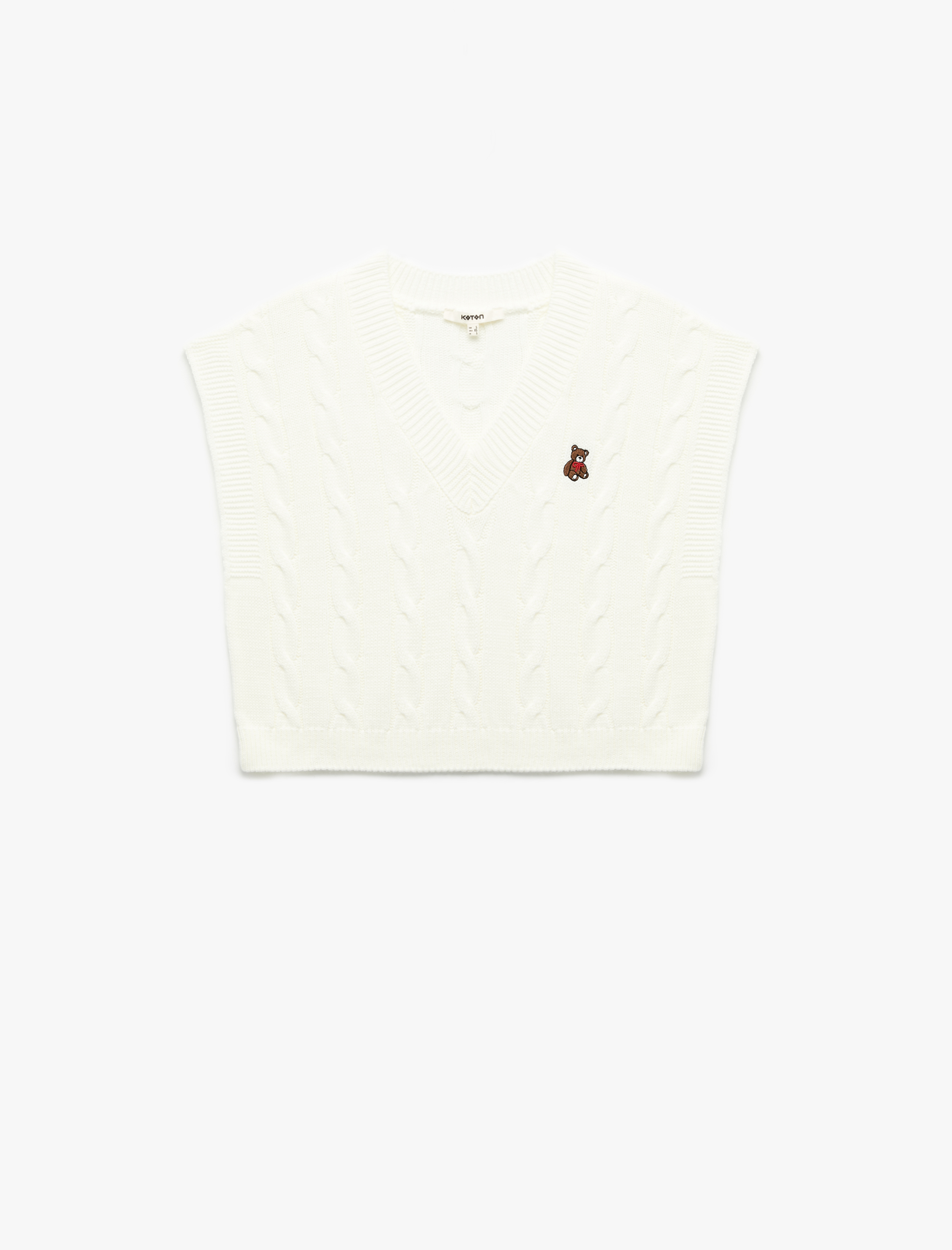   Kolsuz V Yaka Ayıcık İşleme Detaylı Saç Örgü Oversize Süveter