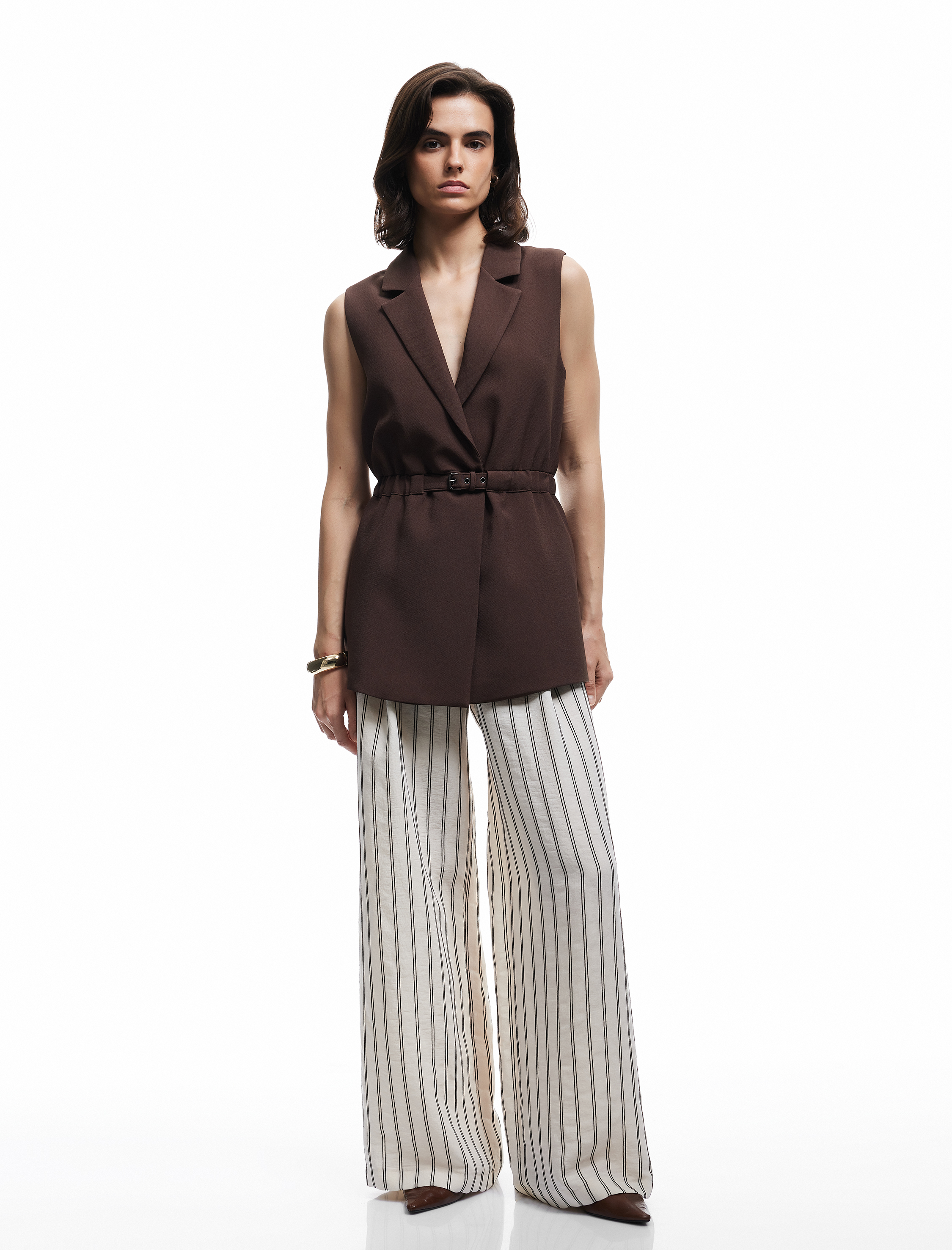   Astarlı Kruvaze Kolsuz Kemerli Uzun Yelek