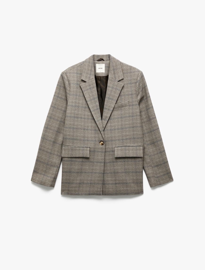   Kruvaze Cepli Uzun Kollu Ekose Oversize Blazer Ceket