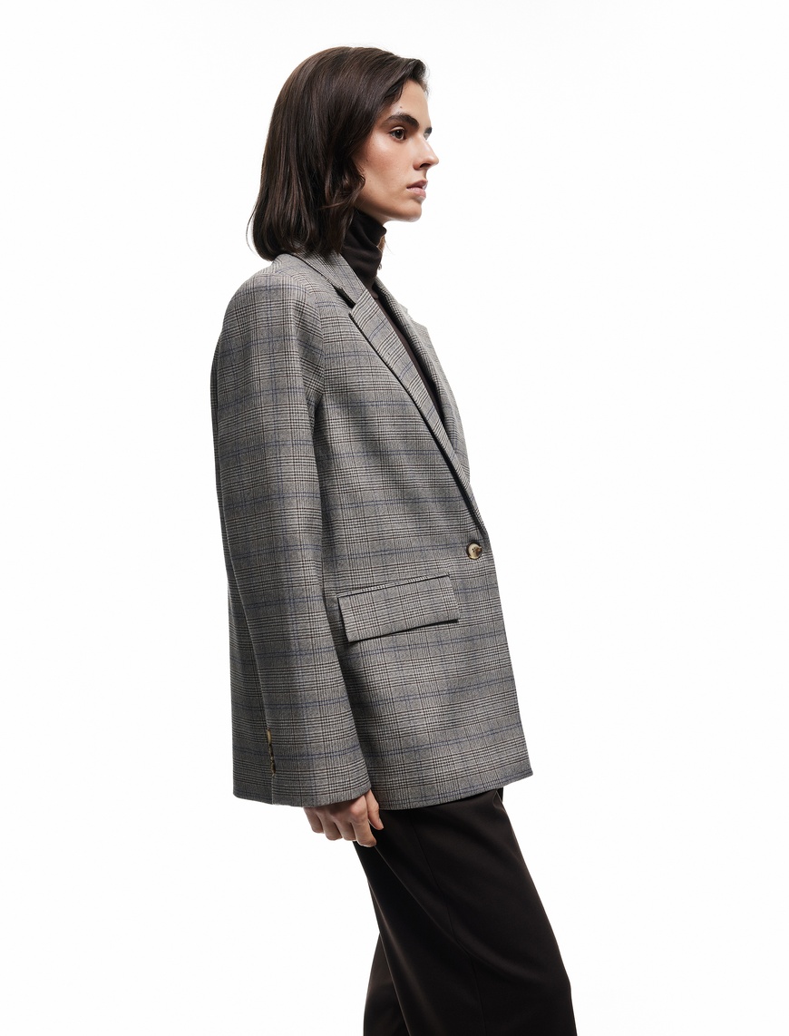   Kruvaze Cepli Uzun Kollu Ekose Oversize Blazer Ceket