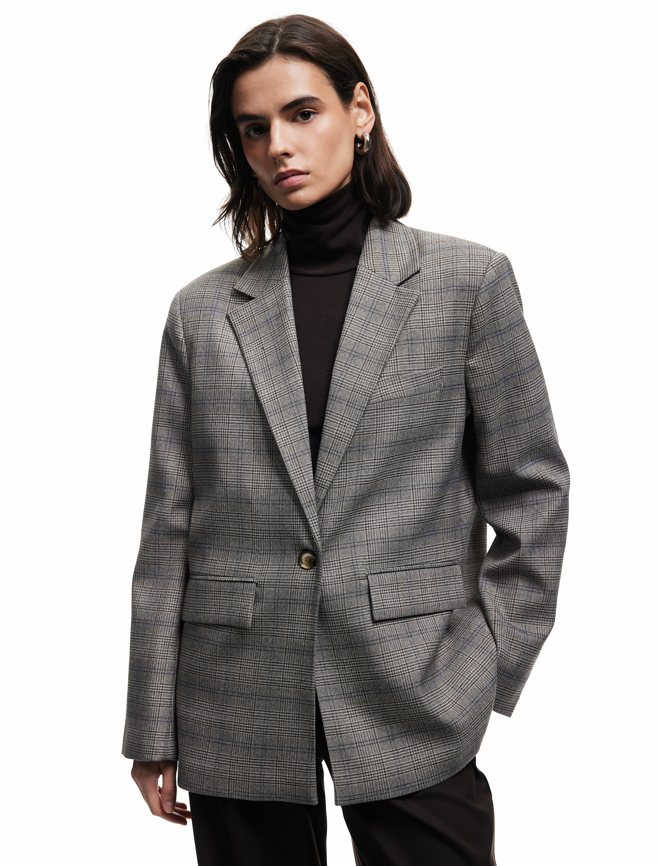   Kruvaze Cepli Uzun Kollu Ekose Oversize Blazer Ceket