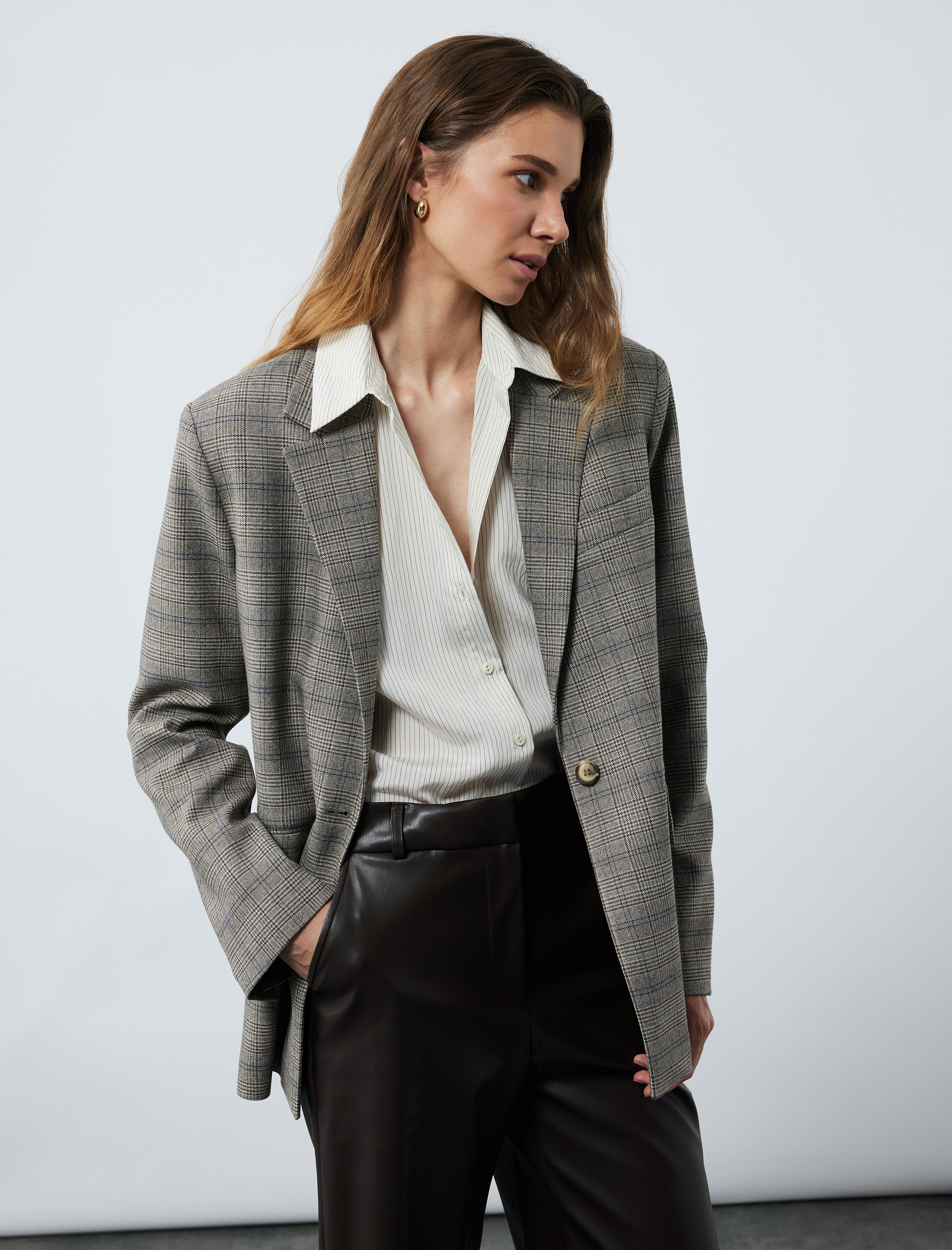   Kruvaze Cepli Uzun Kollu Ekose Oversize Blazer Ceket