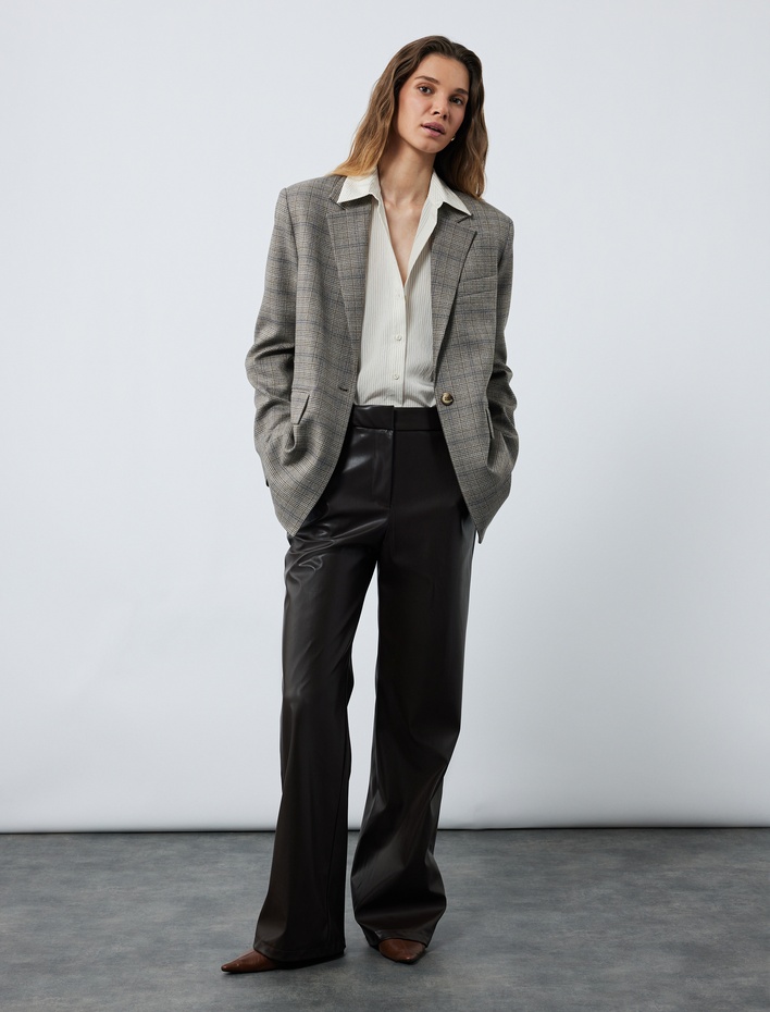  Kruvaze Cepli Uzun Kollu Ekose Oversize Blazer Ceket