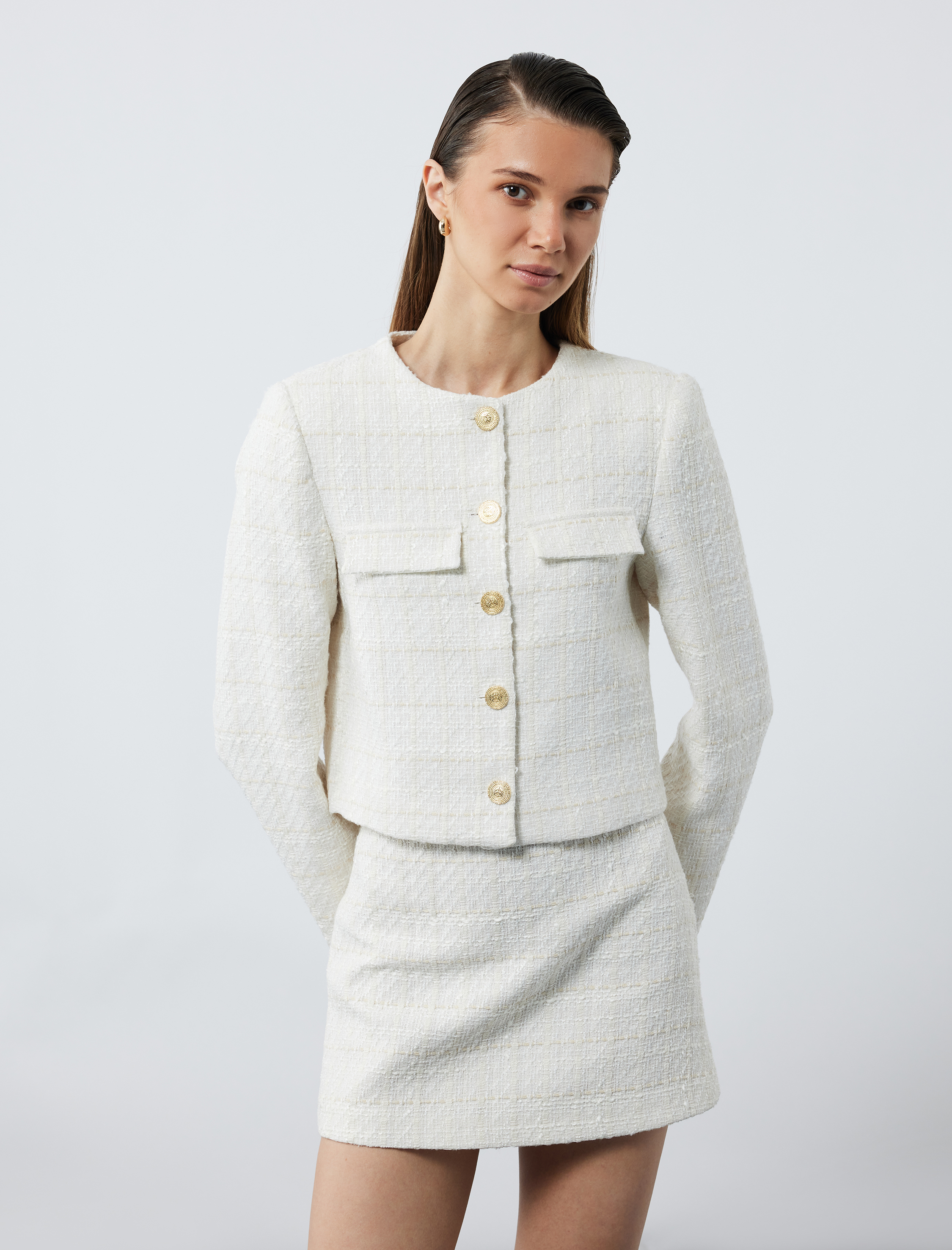   Uzun Kollu Bisiklet Yaka Aplike Detaylı Düğmeli Tüvit Ceket