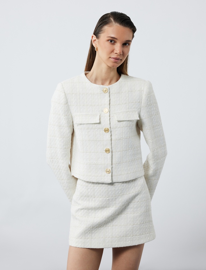  Uzun Kollu Bisiklet Yaka Aplike Detaylı Düğmeli Tüvit Ceket