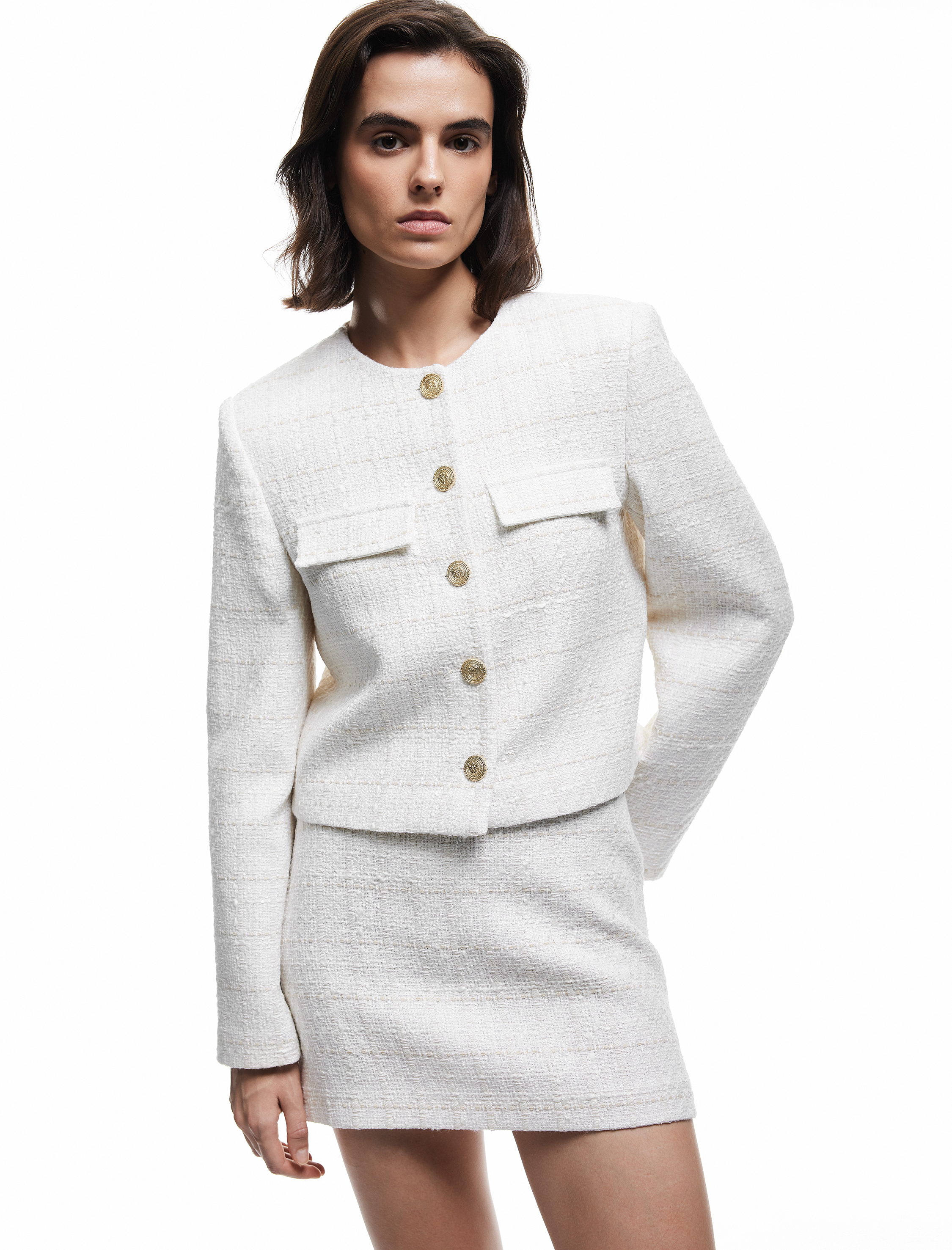   Uzun Kollu Bisiklet Yaka Aplike Detaylı Düğmeli Tüvit Ceket