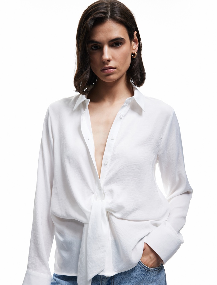  Aerobin Kumaş Uzun Kollu Önden Bağlama Detaylı Saten Gömlek