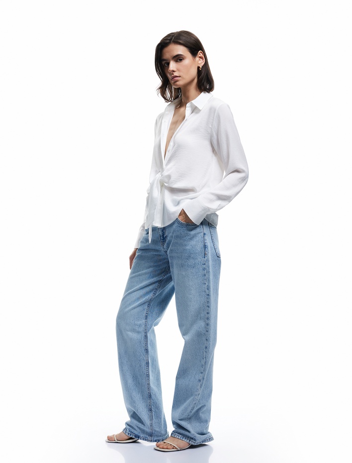  Aerobin Kumaş Uzun Kollu Önden Bağlama Detaylı Saten Gömlek