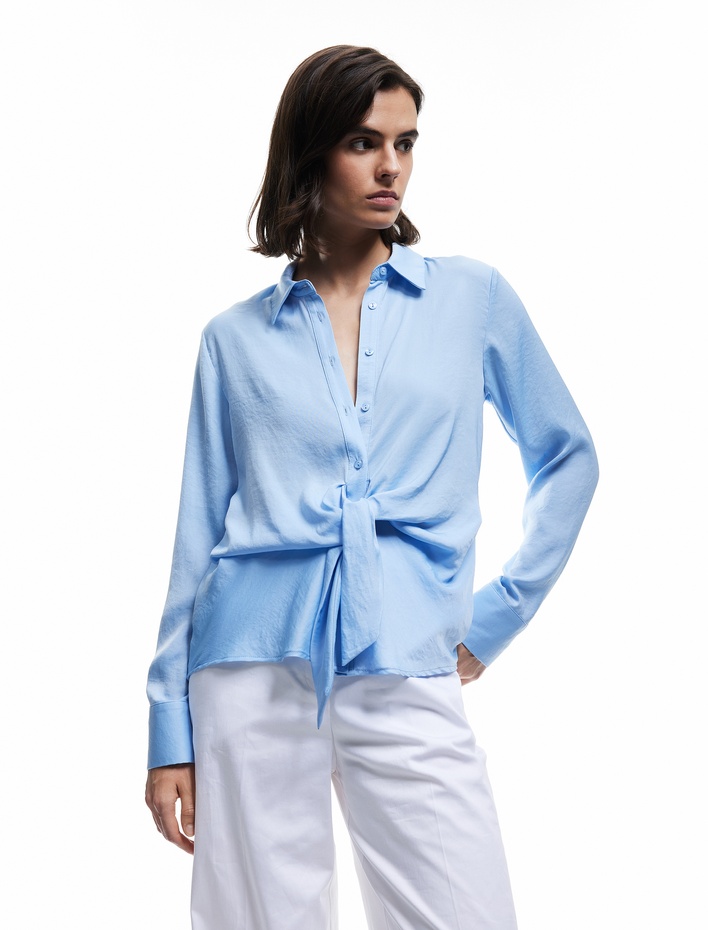  Aerobin Kumaş Uzun Kollu Önden Bağlama Detaylı Saten Gömlek