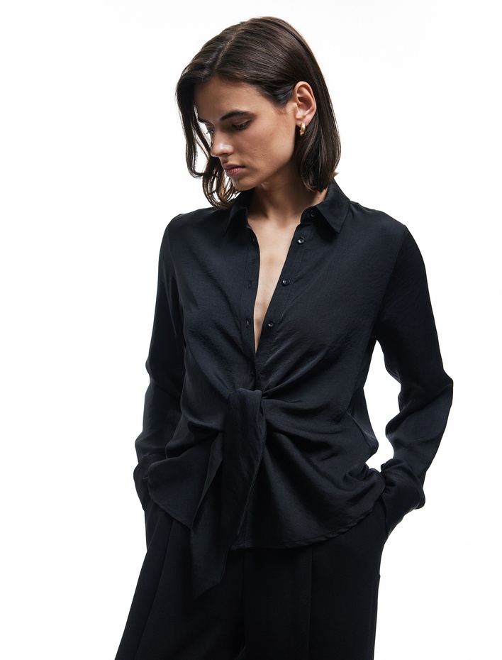  Aerobin Kumaş Uzun Kollu Önden Bağlama Detaylı Saten Gömlek