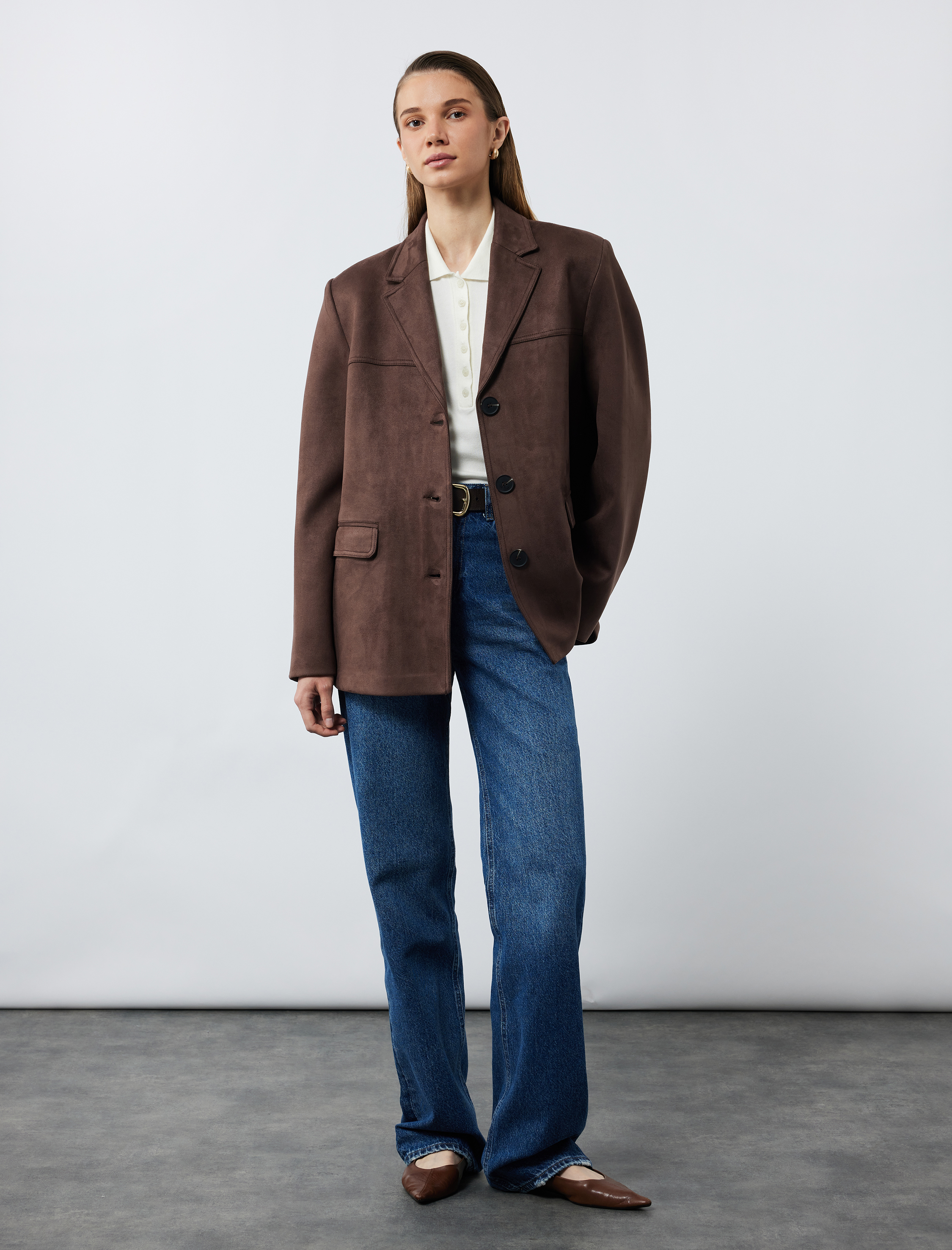   Kruvaze Düğmeli Uzun Kollu Cepli Suni Süet Ceket