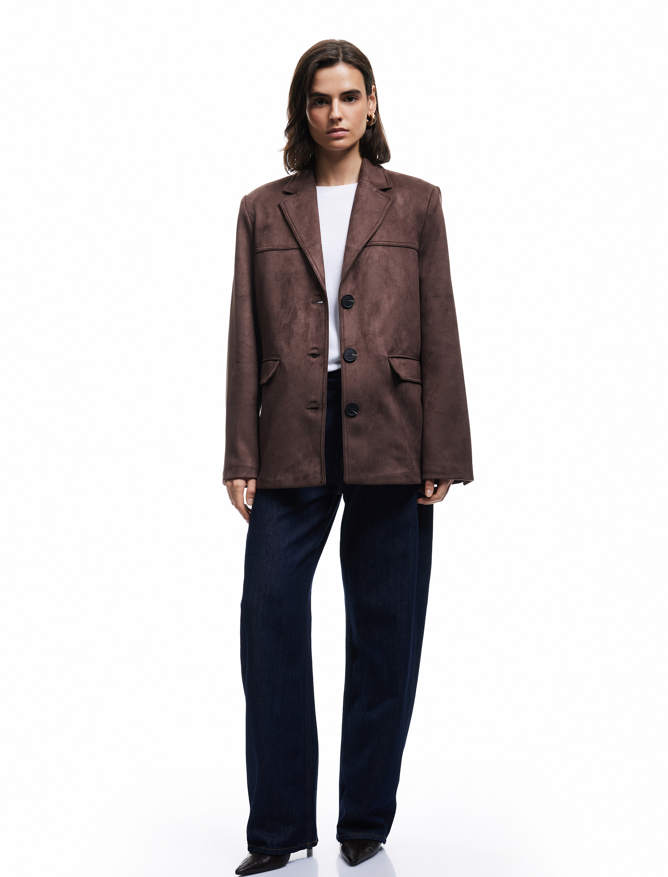   Kruvaze Düğmeli Uzun Kollu Cepli Suni Süet Ceket