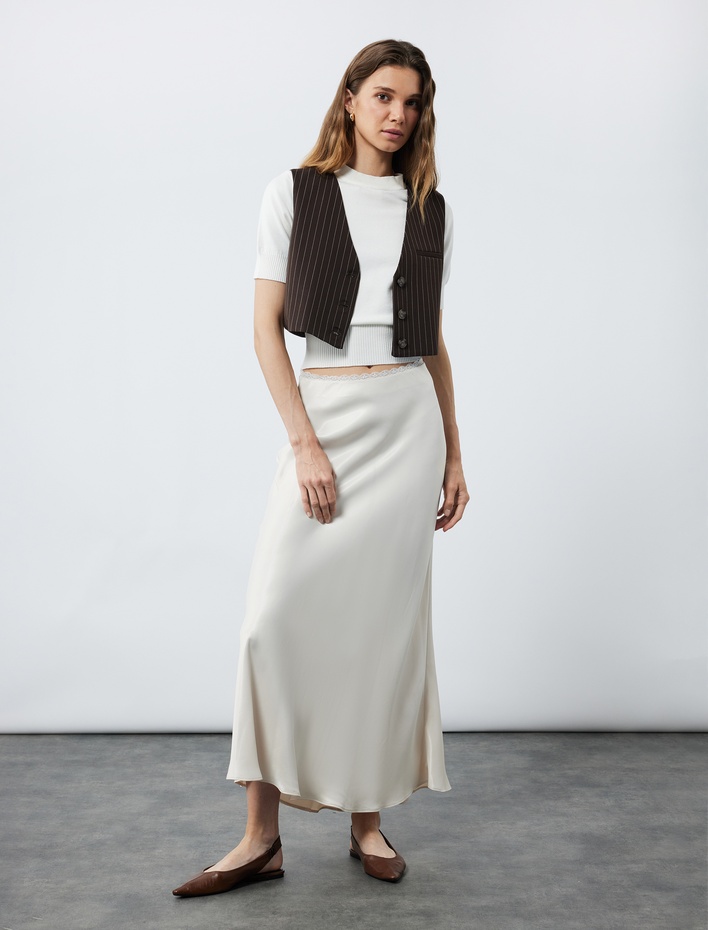  Regular Fit Midi Boy Balık Kesim Saten Etek