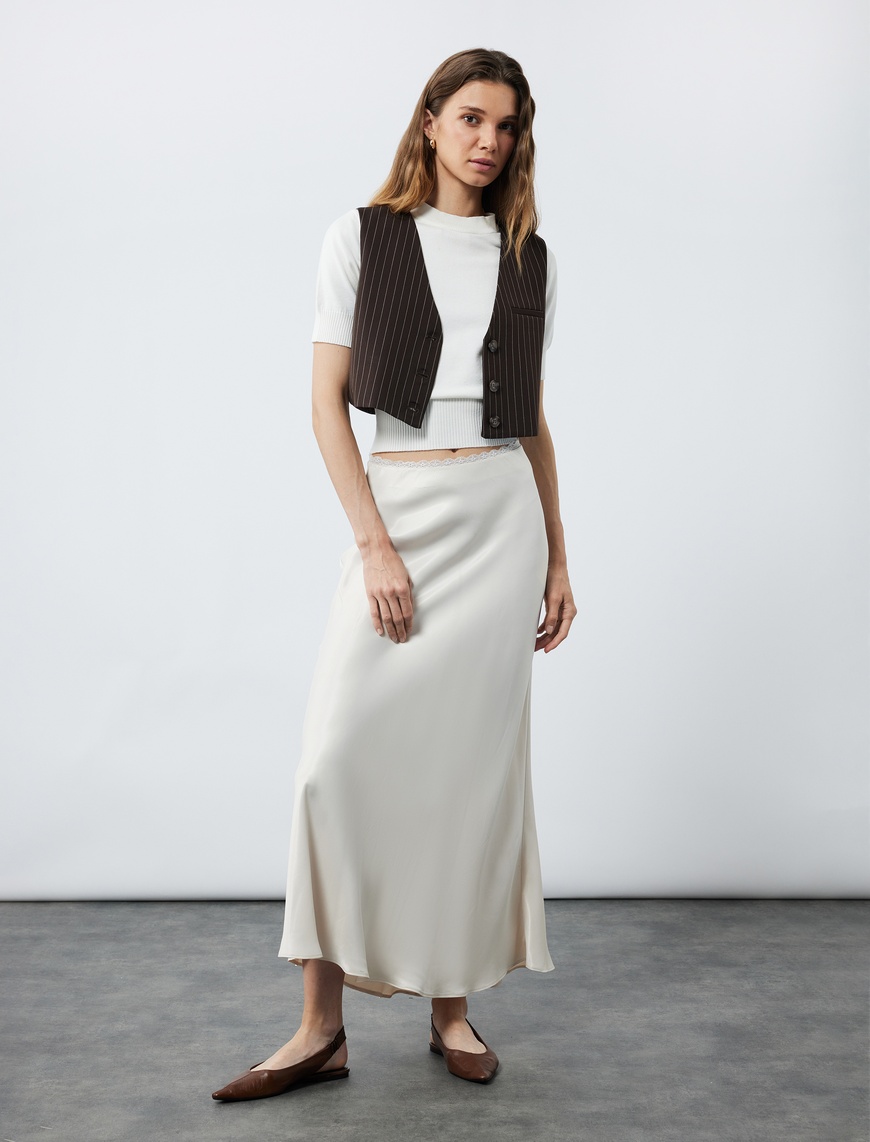   Regular Fit Midi Boy Balık Kesim Saten Etek