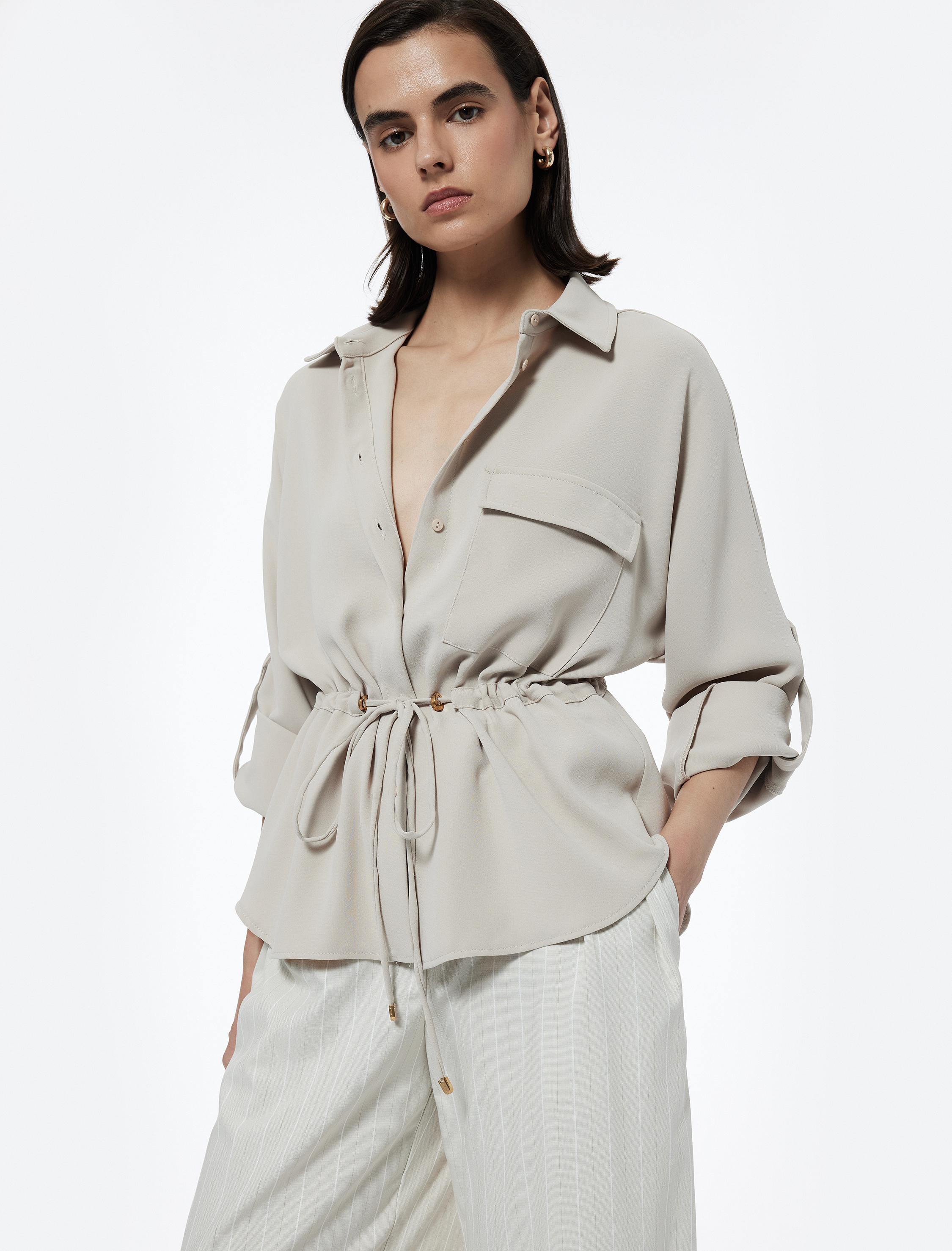   Krep Kumaş Regular Fit Bağlama Detaylı Uzun Kollu Gömlek Ceket