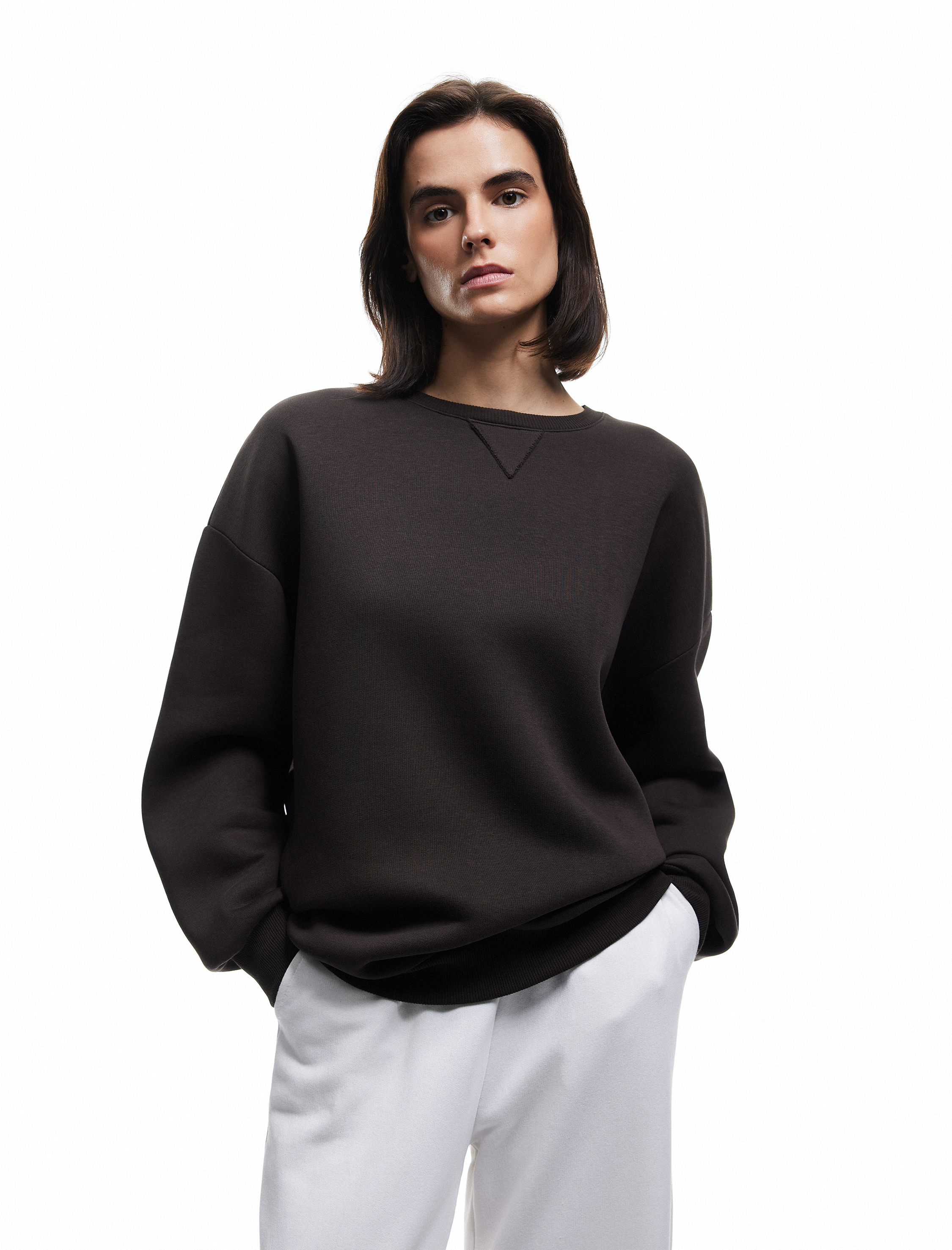   Üç İplik Şardonlu Uzun Kollu Bisiklet Yaka Oversize Sweatshirt