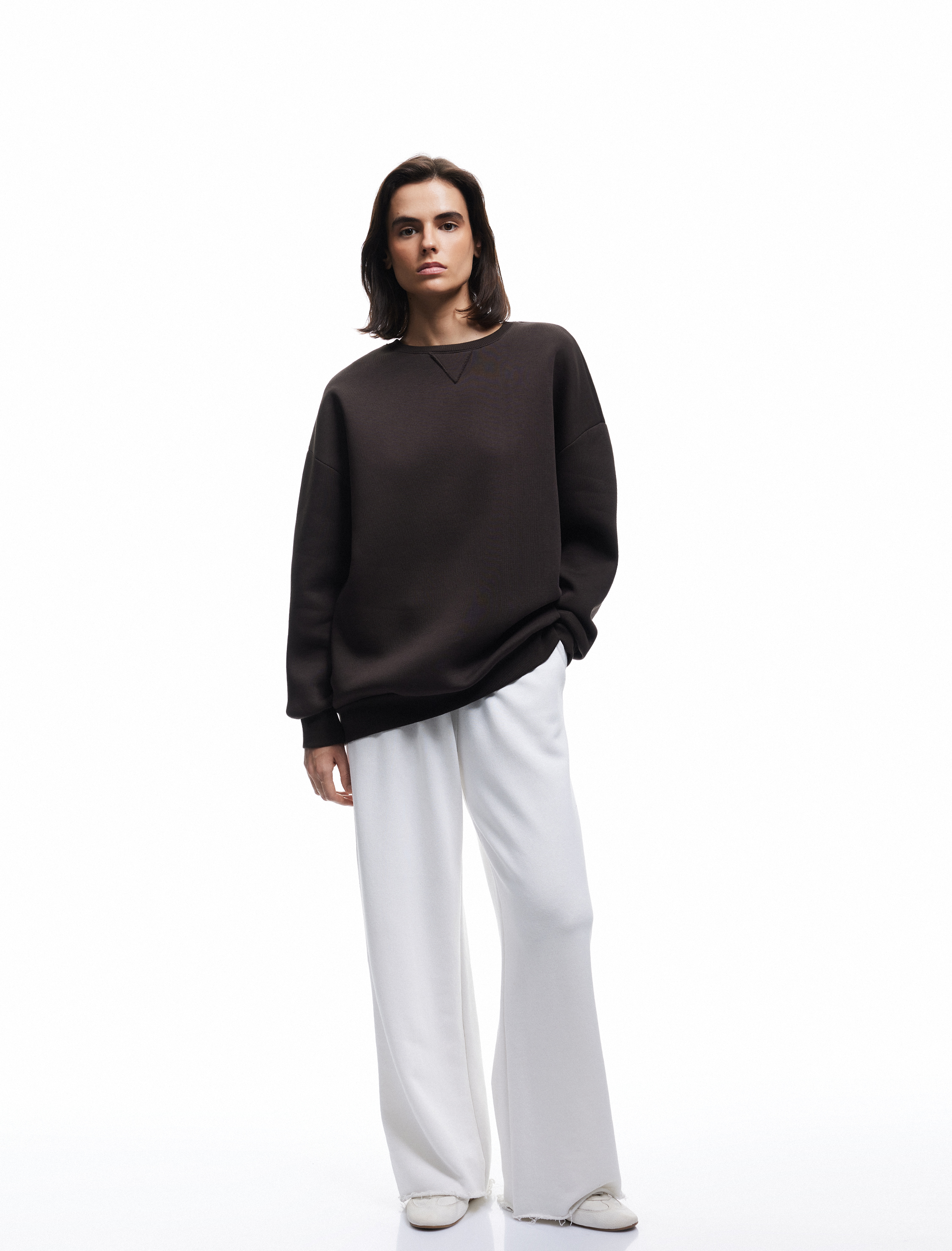   Üç İplik Şardonlu Uzun Kollu Bisiklet Yaka Oversize Sweatshirt