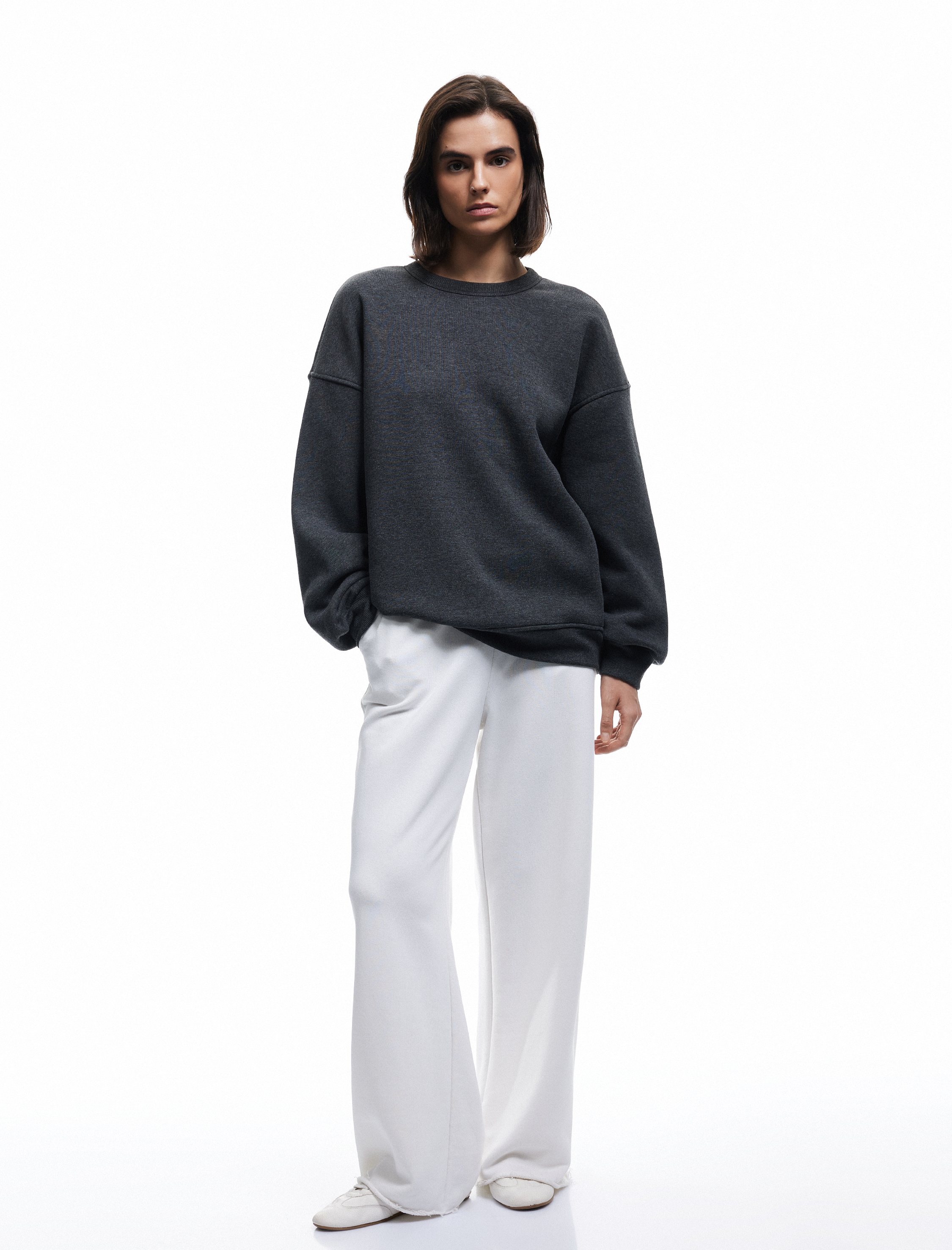   Şardonlu Uzun Kollu Bisiklet Yaka Oversize Sweatshirt