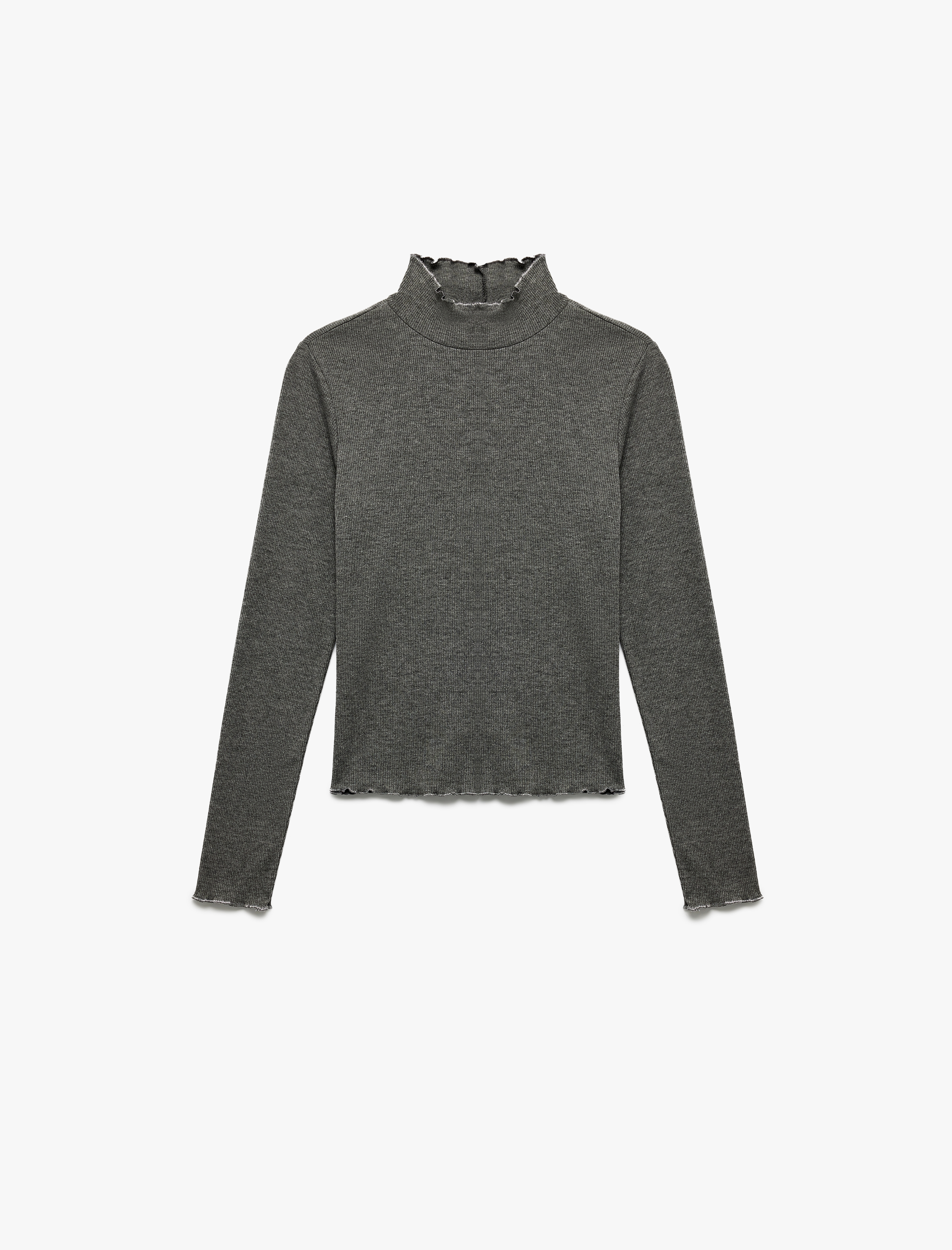   Slim Fit Fırfır Detaylı Dik Yaka Uzun Kollu Tişört