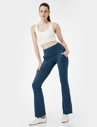 Yüksek Bel Cep Detaylı İnterlok İspanyol Paça Spor Tayt