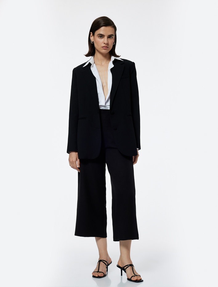  Yüksek Bel Culotte Fit Kısa Geniş Paça Kumaş Pantolon