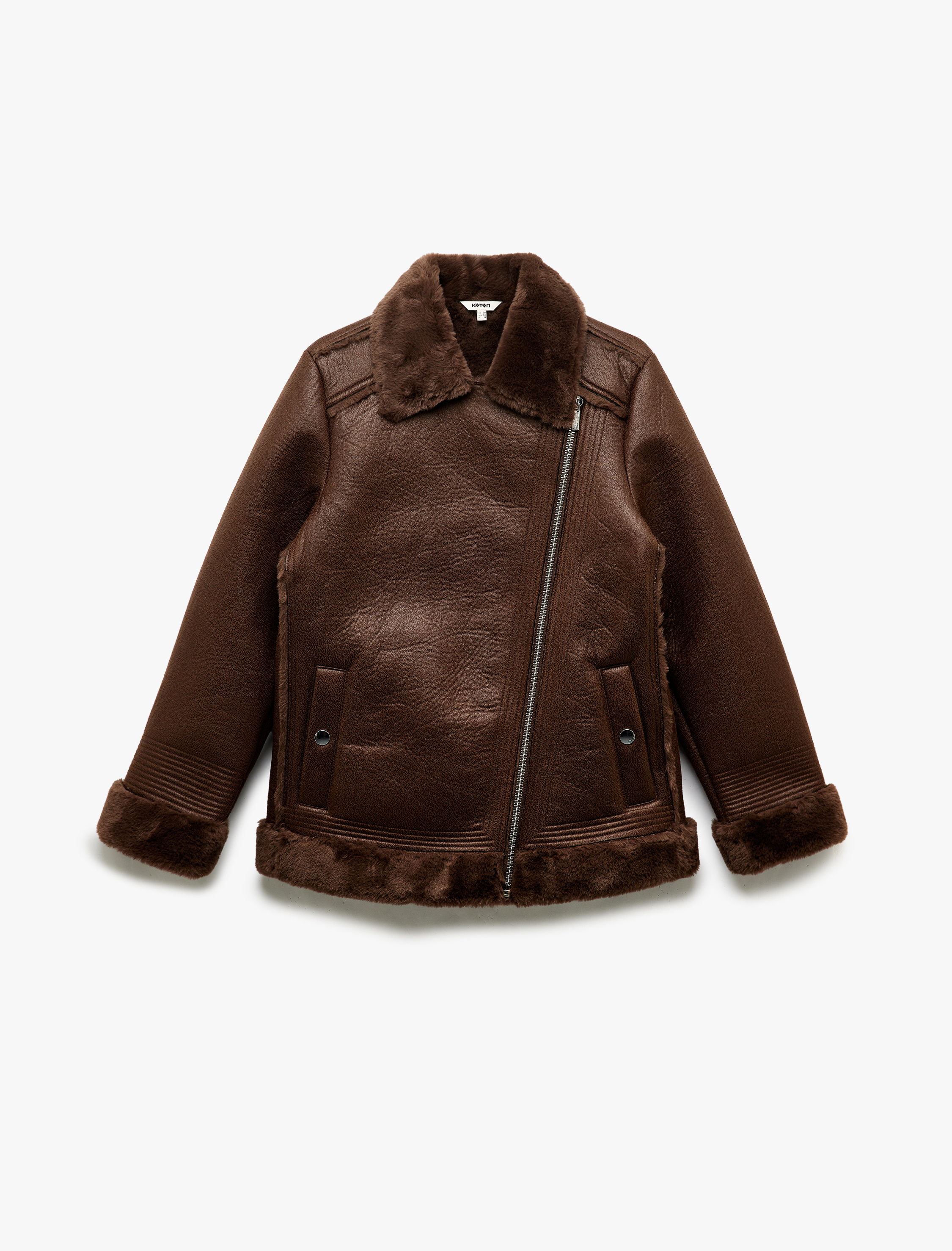   Peluş Astarlı Uzun Kollu Yakası Suni Kürklü Kruvaze Deri Görünümlü Ceket