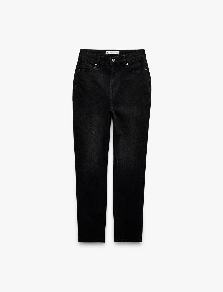   Pamuklu Yüksek Bel Düğmeli Slim Fit Mom Jean Pantolon - Mom Jeans