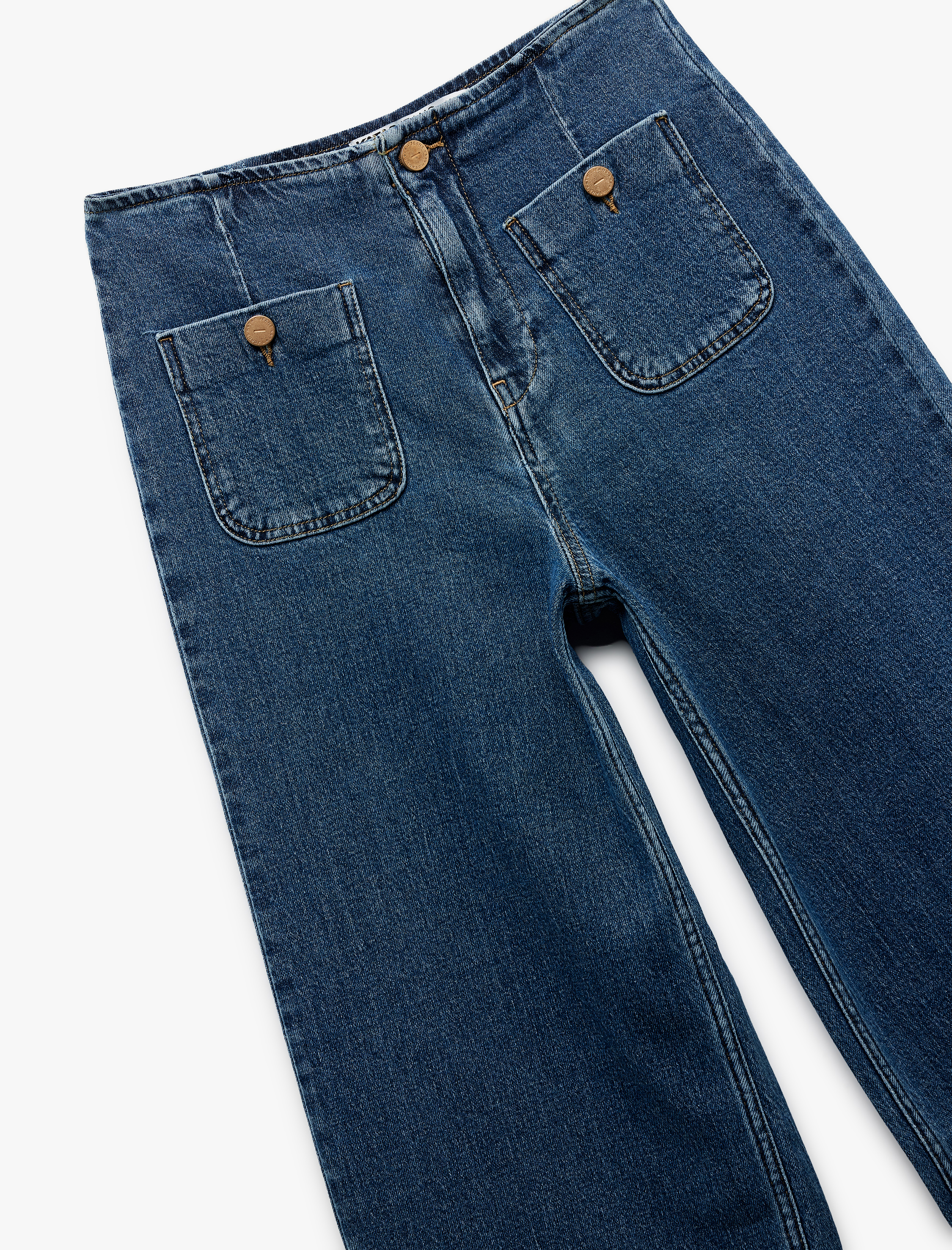 Yüksek Bel Düğme Detaylı Duble Geniş Paça Jean Pantolon - Culotte Jeans