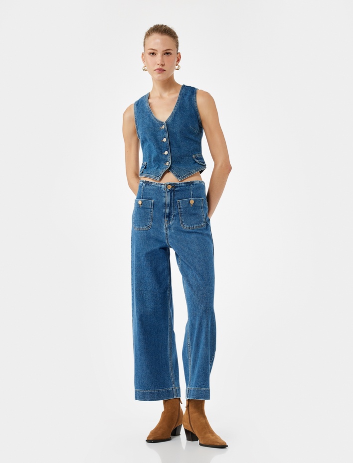  Yüksek Bel Düğme Detaylı Duble Geniş Paça Jean Pantolon - Culotte Jeans