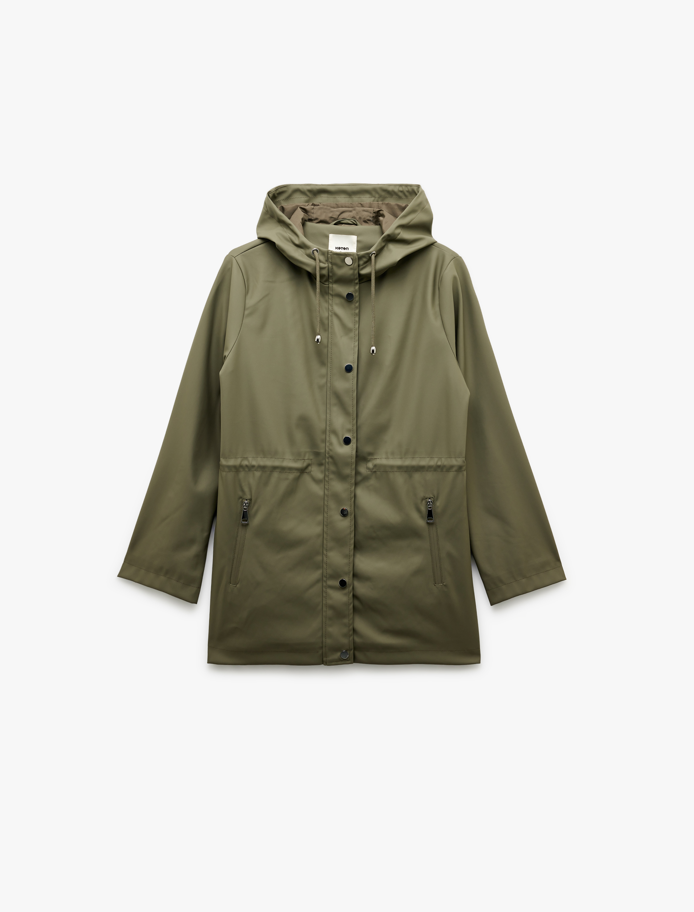   Cepli Beli Bağlamalı Uzun Kollu Fermuarlı Kapüşonlu Yağmurluk