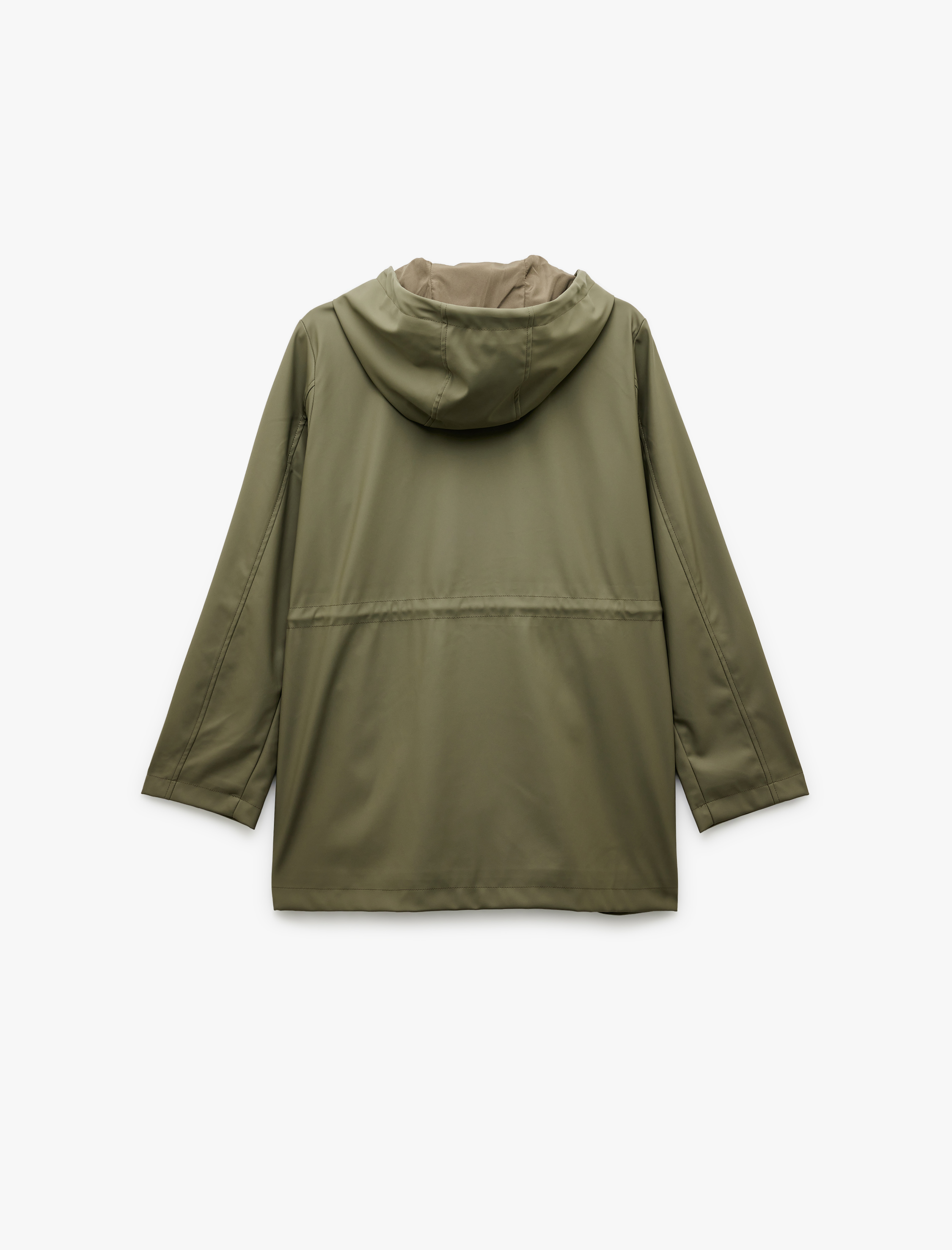   Cepli Beli Bağlamalı Uzun Kollu Fermuarlı Kapüşonlu Yağmurluk