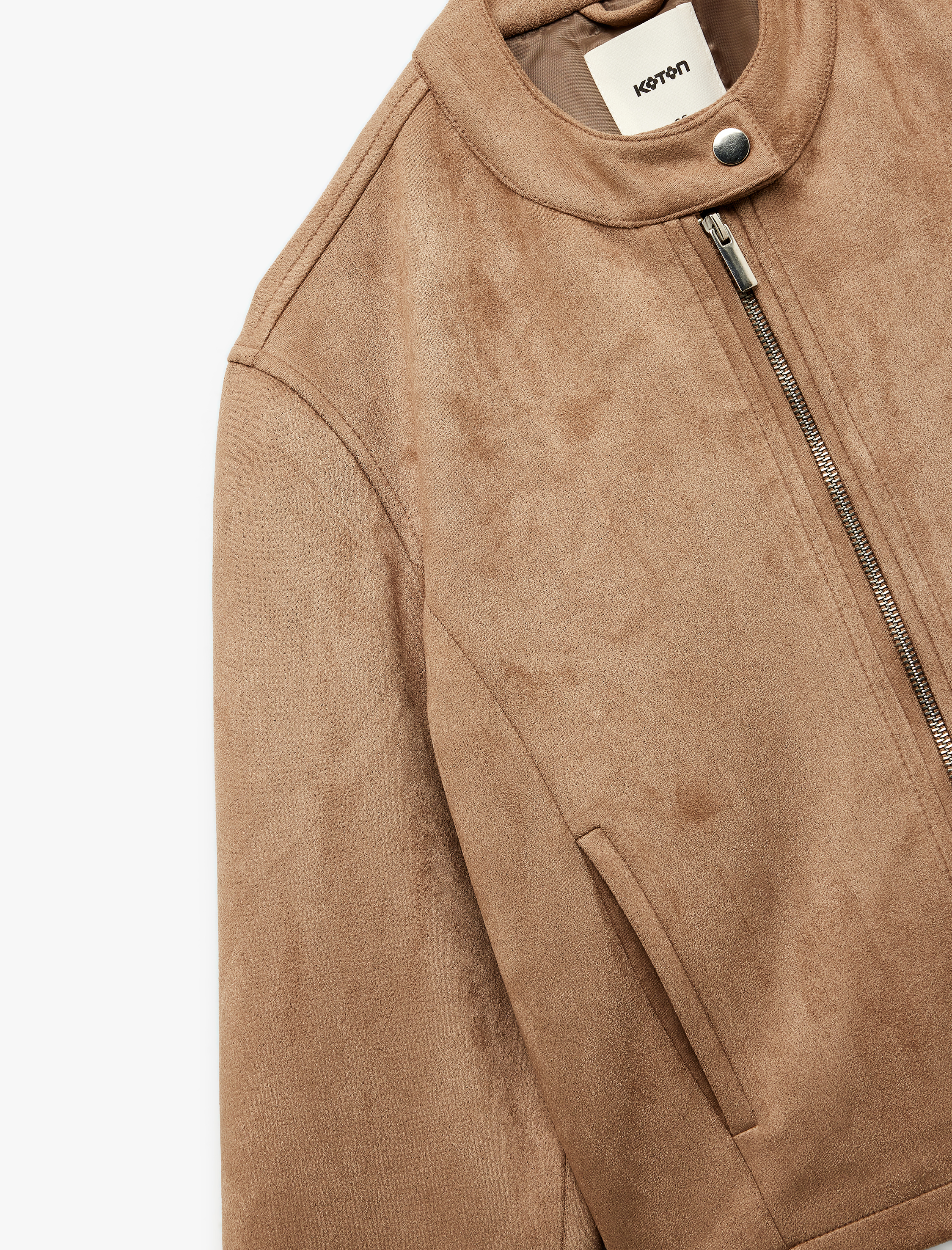   Slim Fit Fermuarlı Cepli Uzun Kollu Dik Yaka Suni Süet Ceket