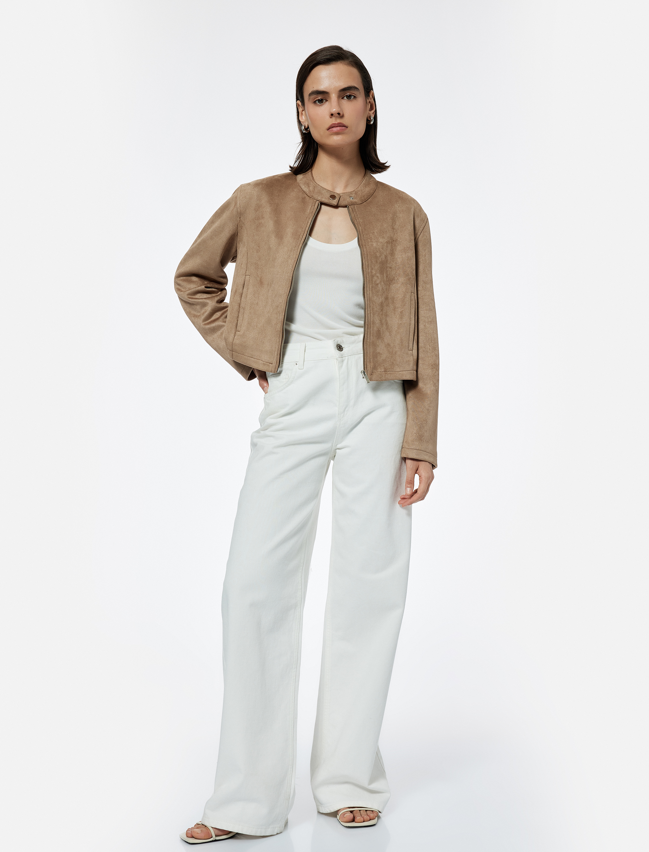   Slim Fit Fermuarlı Cepli Uzun Kollu Dik Yaka Suni Süet Ceket