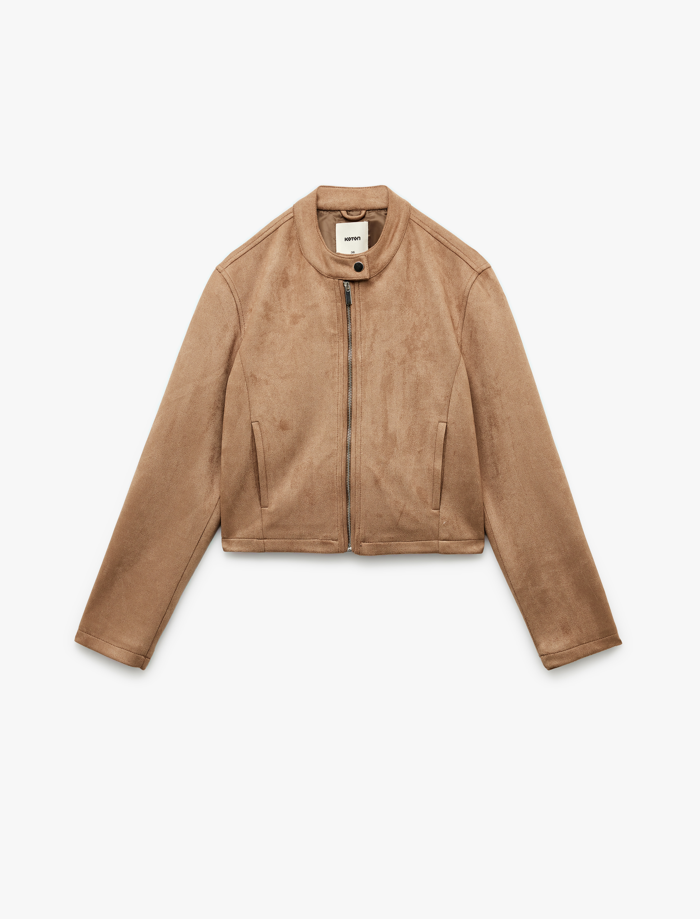   Slim Fit Fermuarlı Cepli Uzun Kollu Dik Yaka Suni Süet Ceket