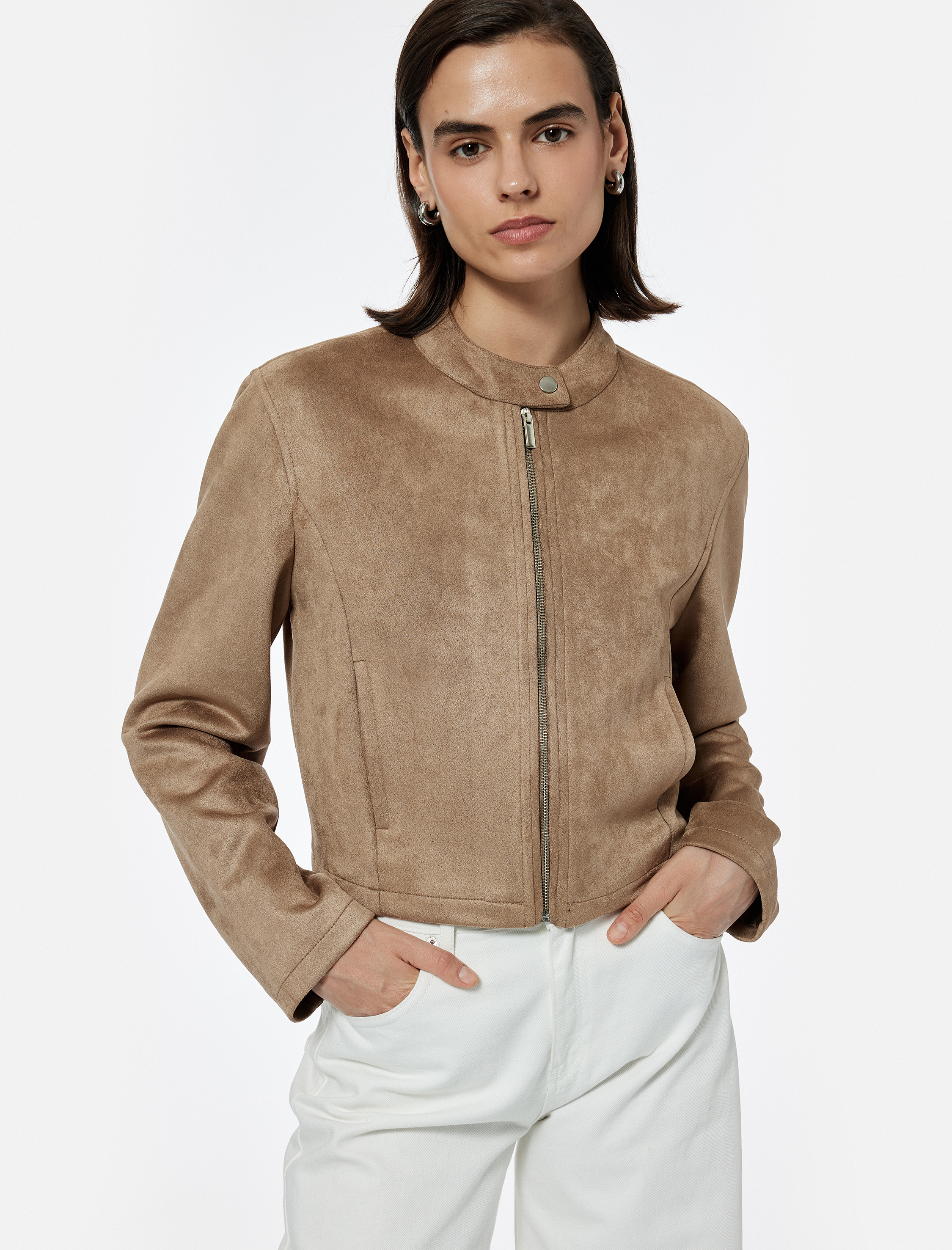   Slim Fit Fermuarlı Cepli Uzun Kollu Dik Yaka Suni Süet Ceket