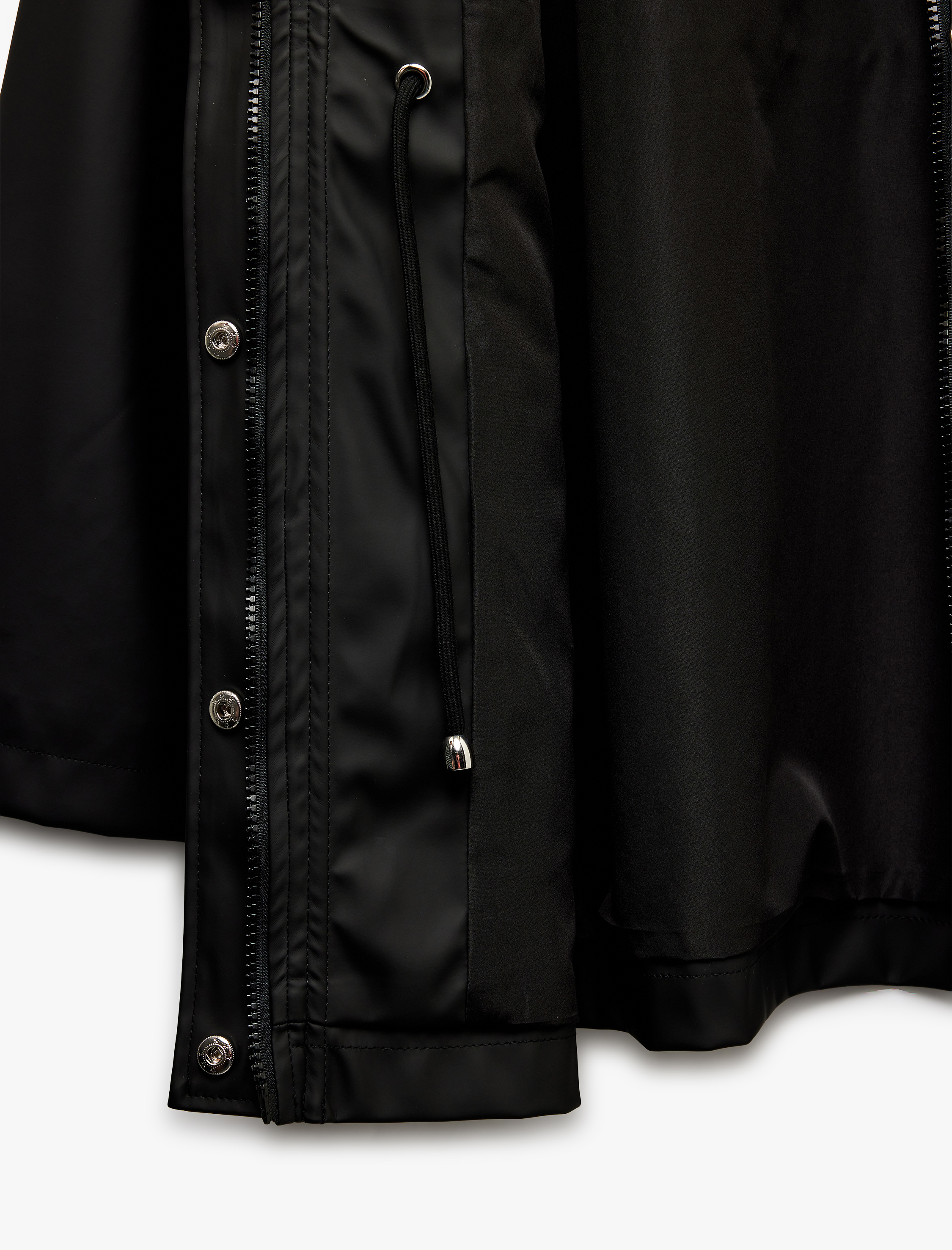   Cepli Beli Bağlamalı Uzun Kollu Fermuarlı Kapüşonlu Yağmurluk