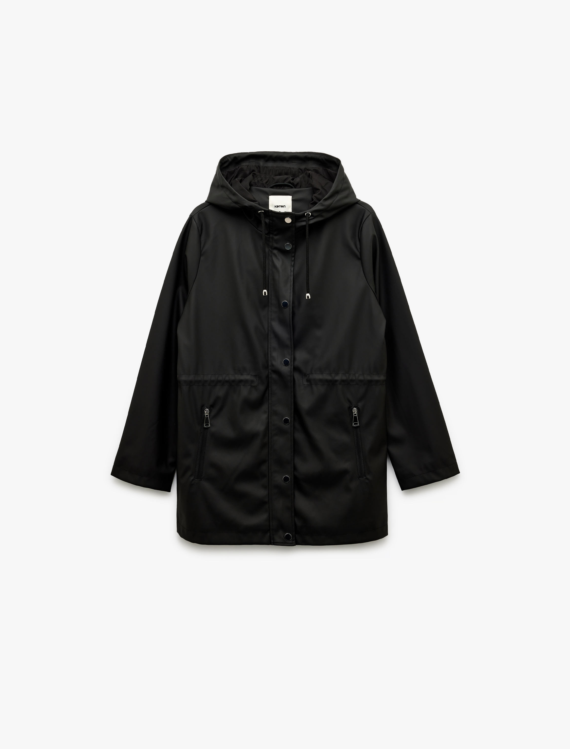   Cepli Beli Bağlamalı Uzun Kollu Fermuarlı Kapüşonlu Yağmurluk