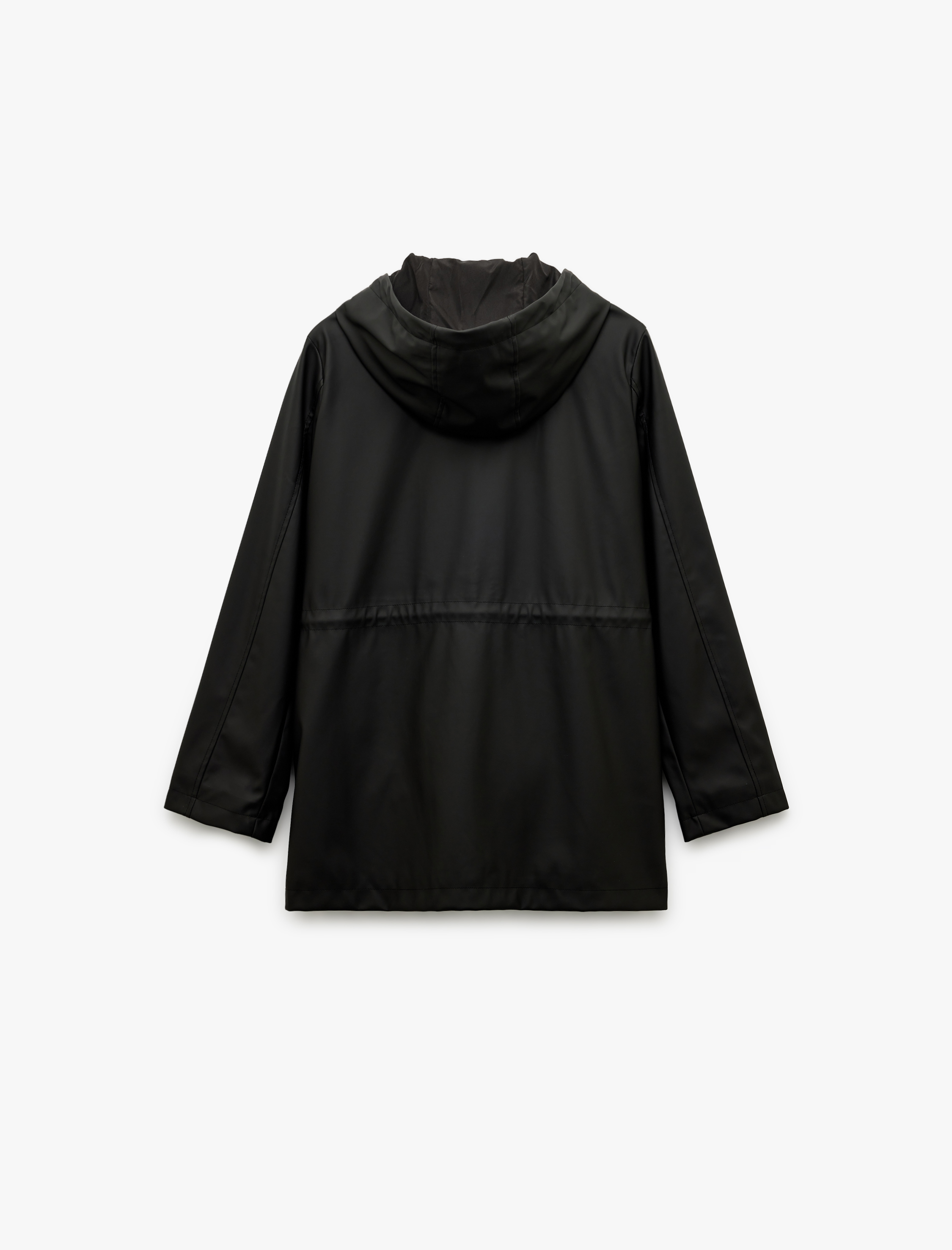   Cepli Beli Bağlamalı Uzun Kollu Fermuarlı Kapüşonlu Yağmurluk