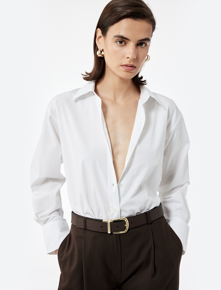  Pamuklu Uzun Kollu Klasik Yaka Poplin Oversize Gömlek