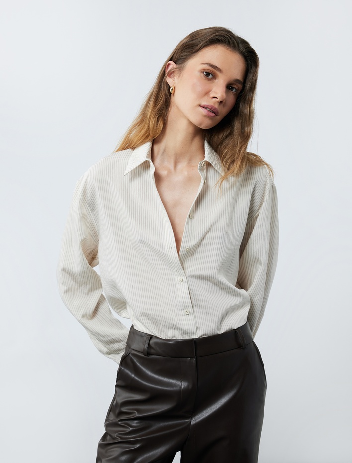  Viskon Kumaş Uzun Kollu Klasik Yaka Oversize Gömlek