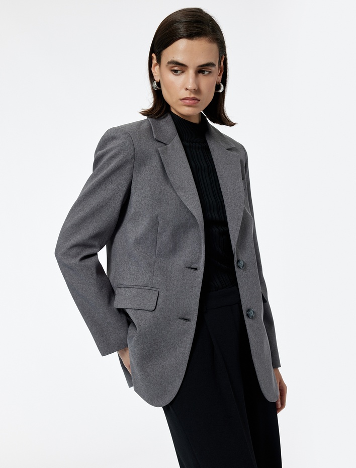  Kruvaze Yaka Düğmeli Cepli Uzun Kollu Blazer Ceket
