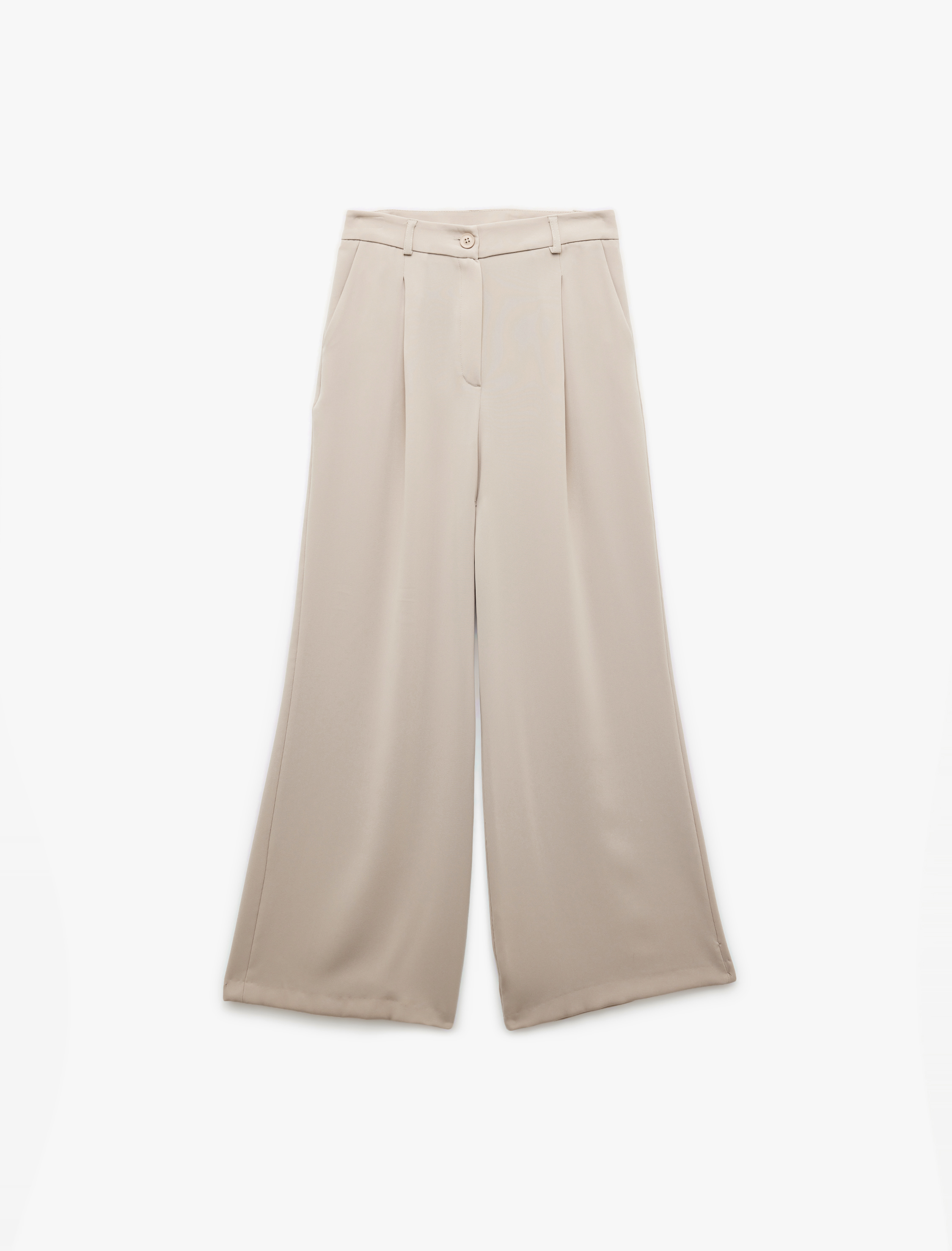   Krep Kumaş Cepli Pile Detaylı Yüksek Bel Geniş Paça Palazzo Pantolon