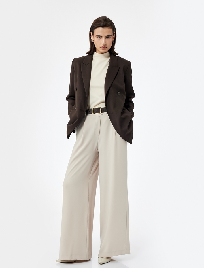  Krep Kumaş Cepli Pile Detaylı Yüksek Bel Geniş Paça Palazzo Pantolon