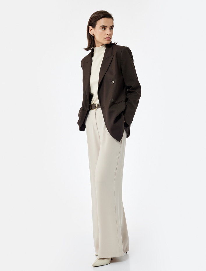  Krep Kumaş Cepli Pile Detaylı Yüksek Bel Geniş Paça Palazzo Pantolon