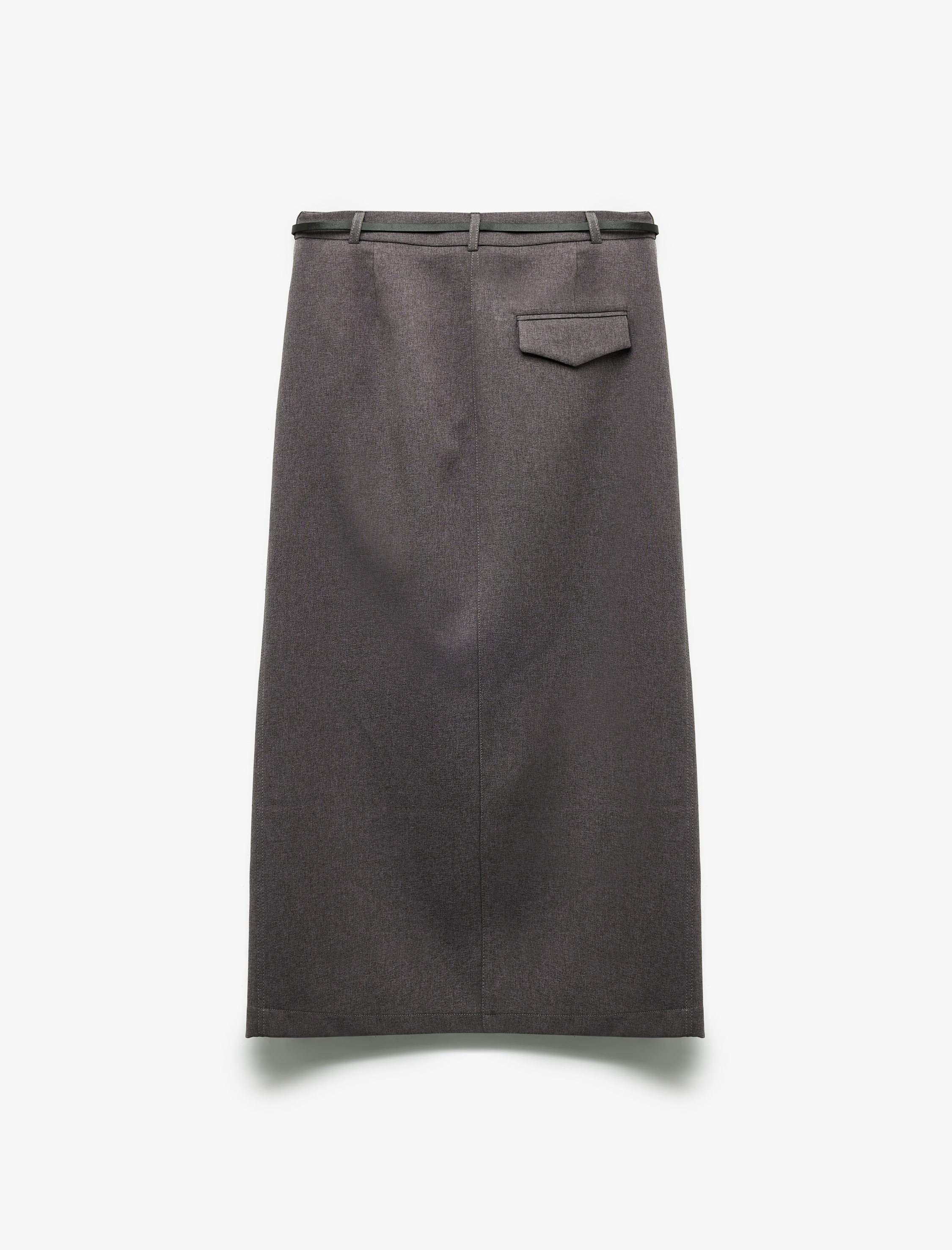   Önden Yırtmaç Detaylı Cepli Kemerli Midi Boy Kalem Etek