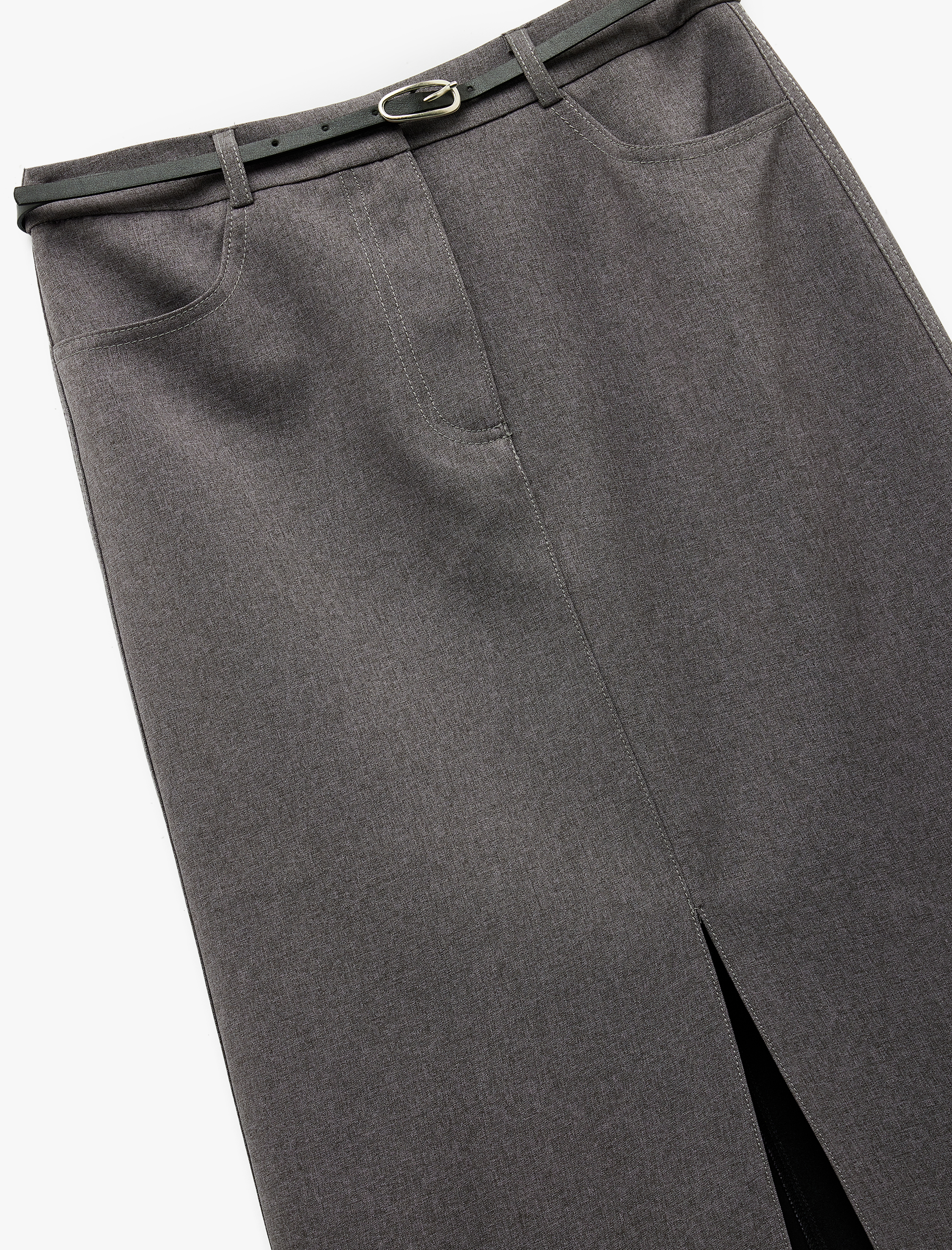   Önden Yırtmaç Detaylı Cepli Kemerli Midi Boy Kalem Etek