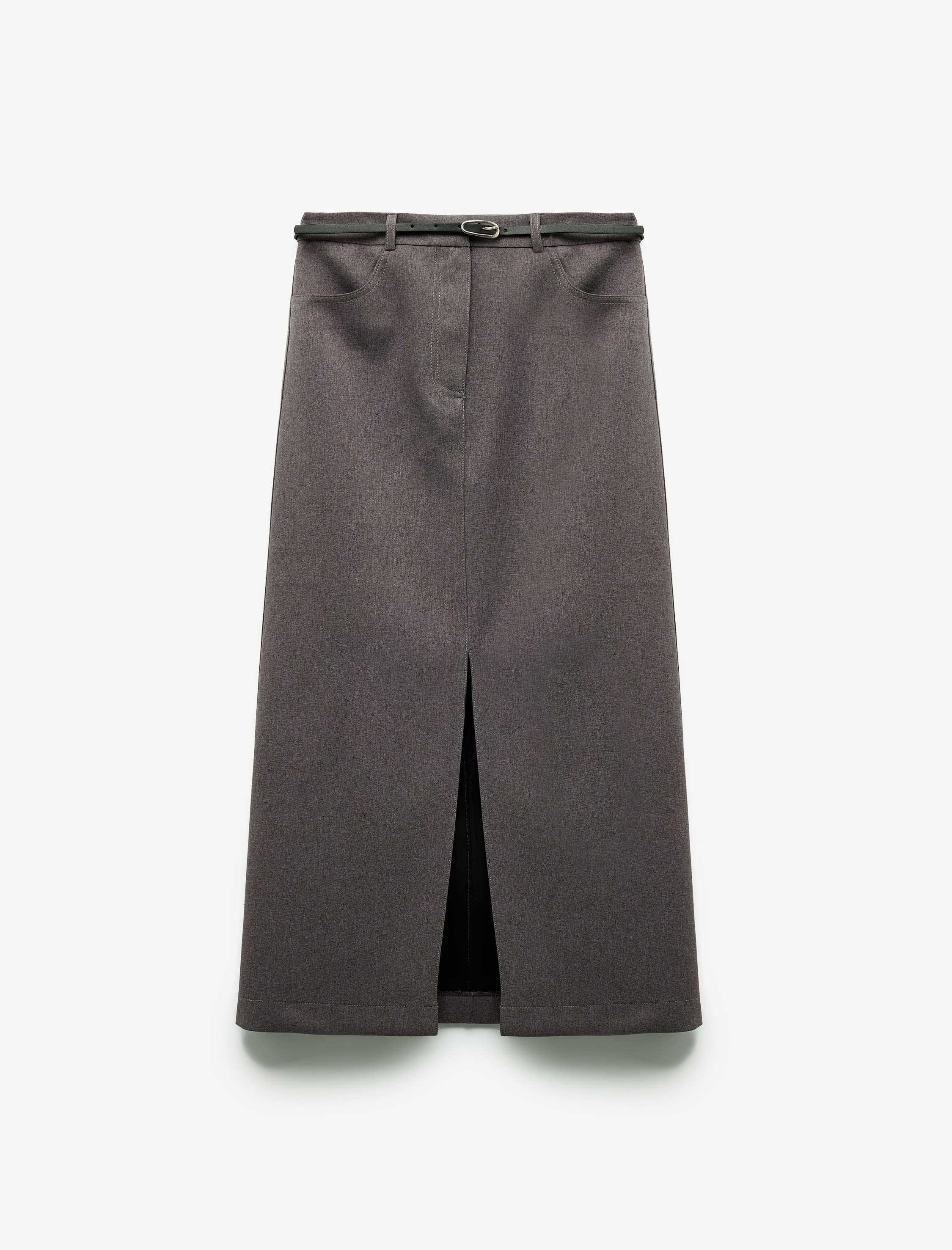   Önden Yırtmaç Detaylı Cepli Kemerli Midi Boy Kalem Etek