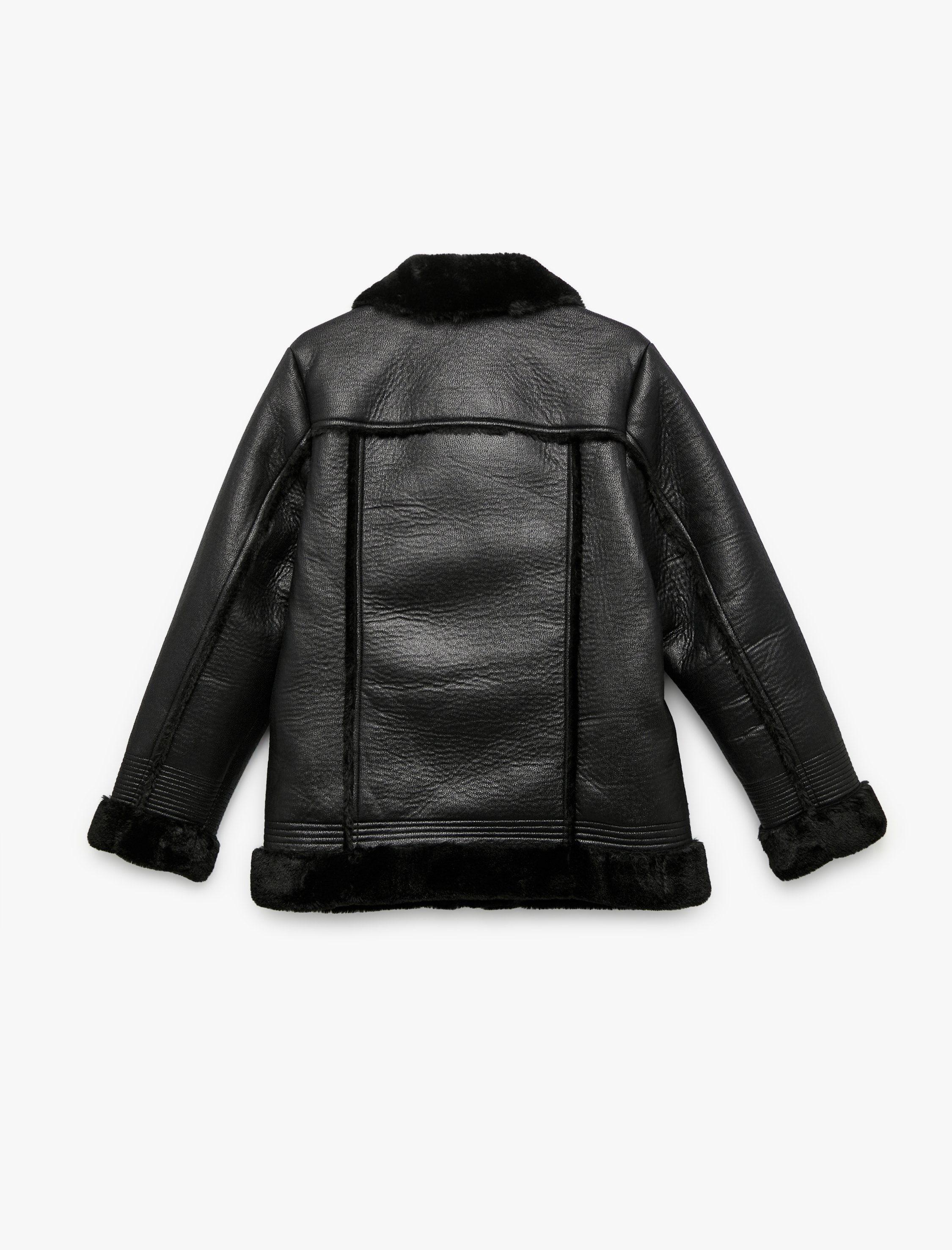   Peluş Astarlı Uzun Kollu Yakası Suni Kürklü Kruvaze Deri Görünümlü Ceket